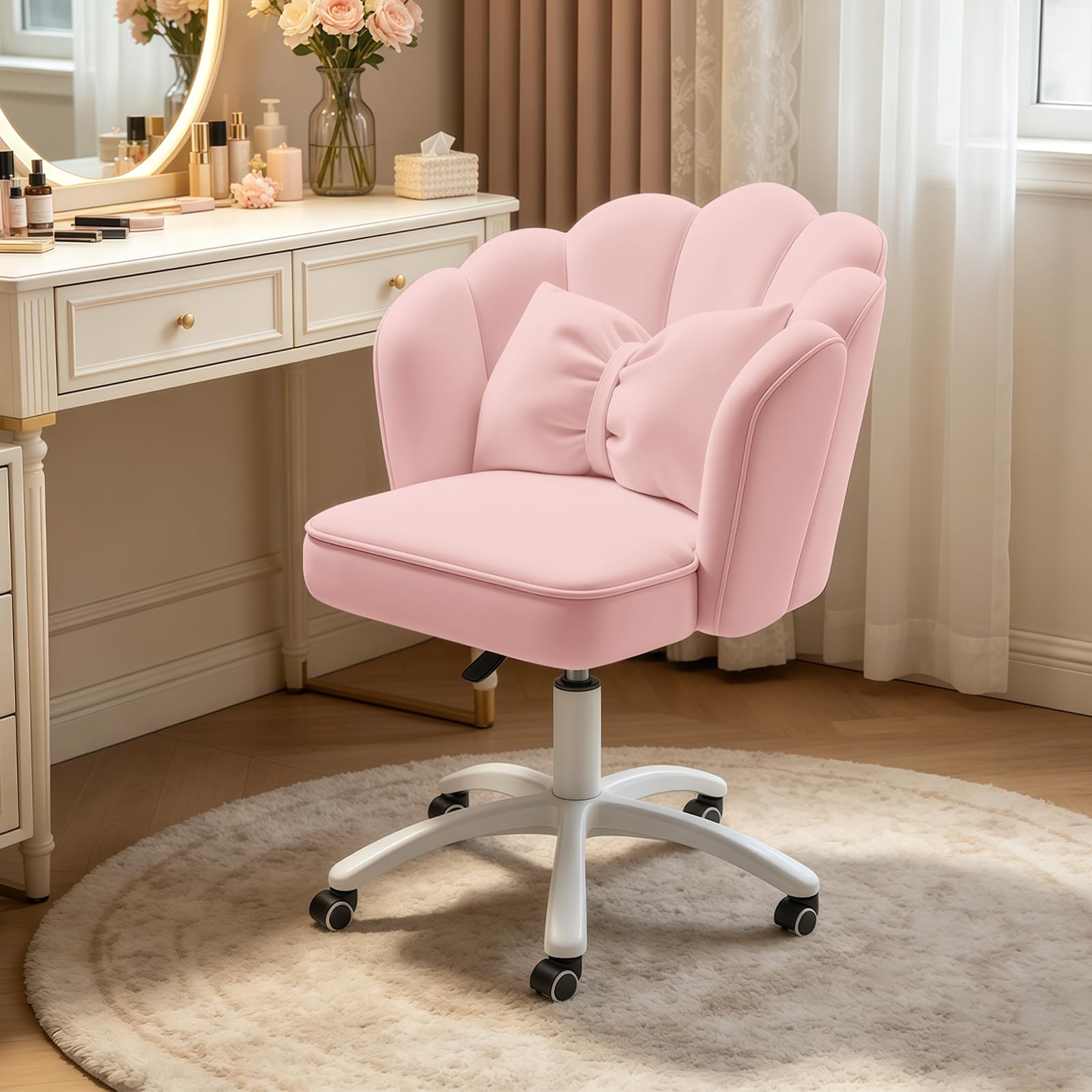 Cute Velvet 'Petal' Desk Chair with Bow Cushion, Butterfly Dressing Table Chair for Bedroom, Office Chair with Computer Backrest (Pink)
