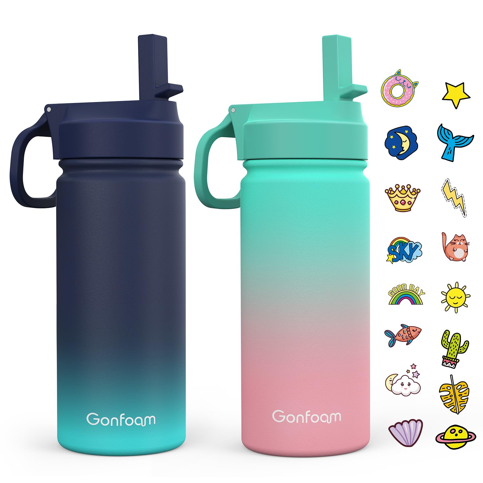 Kids Water Bottle, 2-Pack 16oz Water Bottles Kids with Straw and Stickers, Stainless Steel Vacuum Double Wall Insulated cup, Kids Water Bottle for School, Gifts for Boys and Girls(Blue/Green)