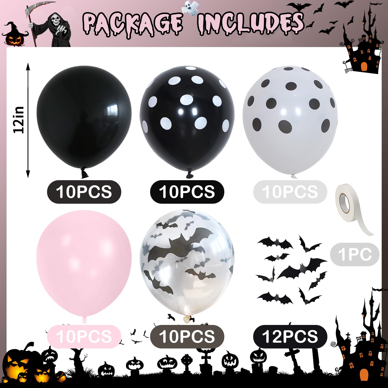 Balony na Halloween, różowy i czarny balon z naklejkami 3D, nadruk nietoperza, balony i balon w kropki, dla dziewcząt, noc, różowy, Halloween, duch, straszne urodziny, baby shower, dekoracja na
