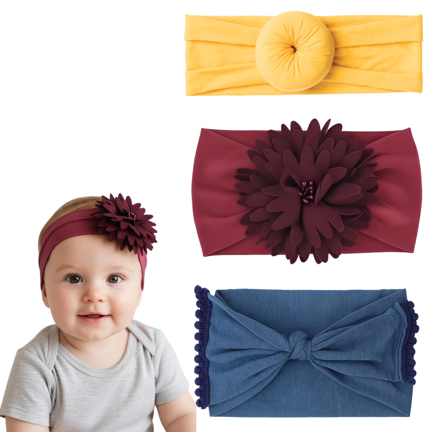 3 Pcs Baby Headbands Stylish Flower & Bow Knot Hair Bands Hair Bows Head Wrap Hair Accessories for Baby Girls Newborns infants Toddlers Babies-image-46