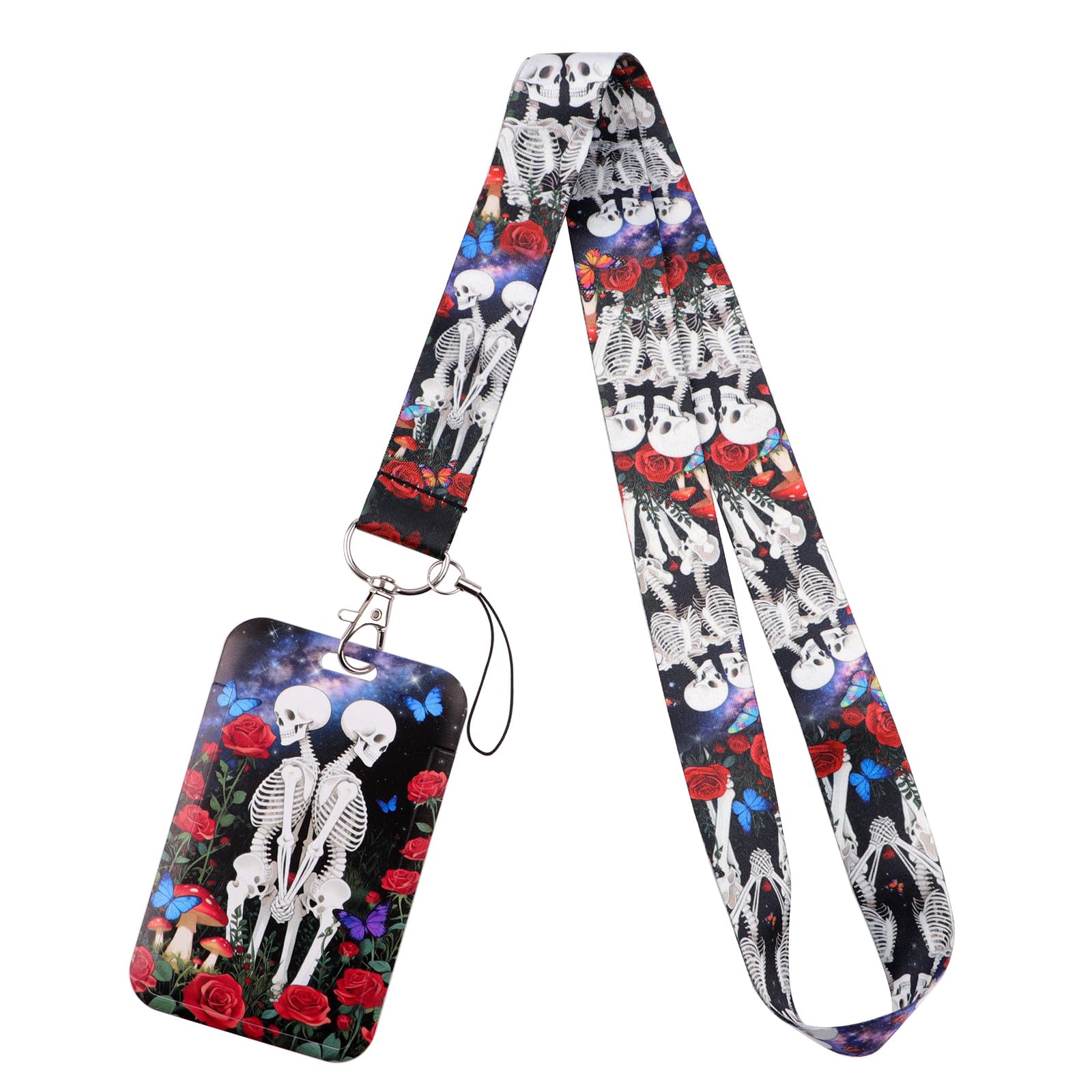 Cool Skull Skeleton ID Badge Holder Lanyard for ID Badges Red Rose & Galaxy ID Holder Cute Flowers & Butterfly Keychain Lanyard for Keys Name Tag for Women Girls Teachers Nurses for Work & School ID โ image 1