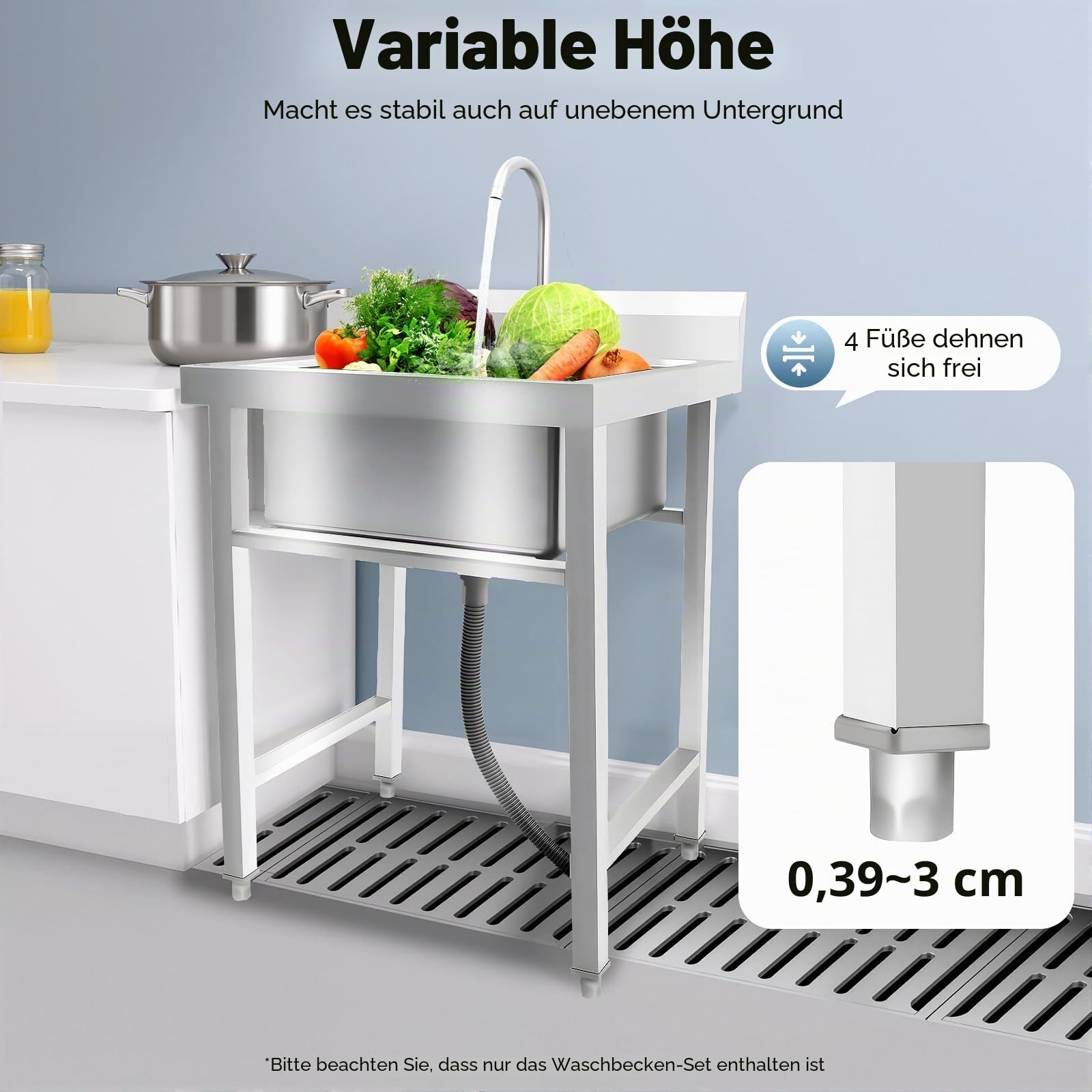 Freistehende Edelstahl Waschbecken 1 Becken Outdoor Spüle mit Kalten und Heißen Wasserhähnen und Anderem Zubehör Kommerzielle Restaurantspüle für Außen Innen Küche Restaurant 93 x 60 x 60cm