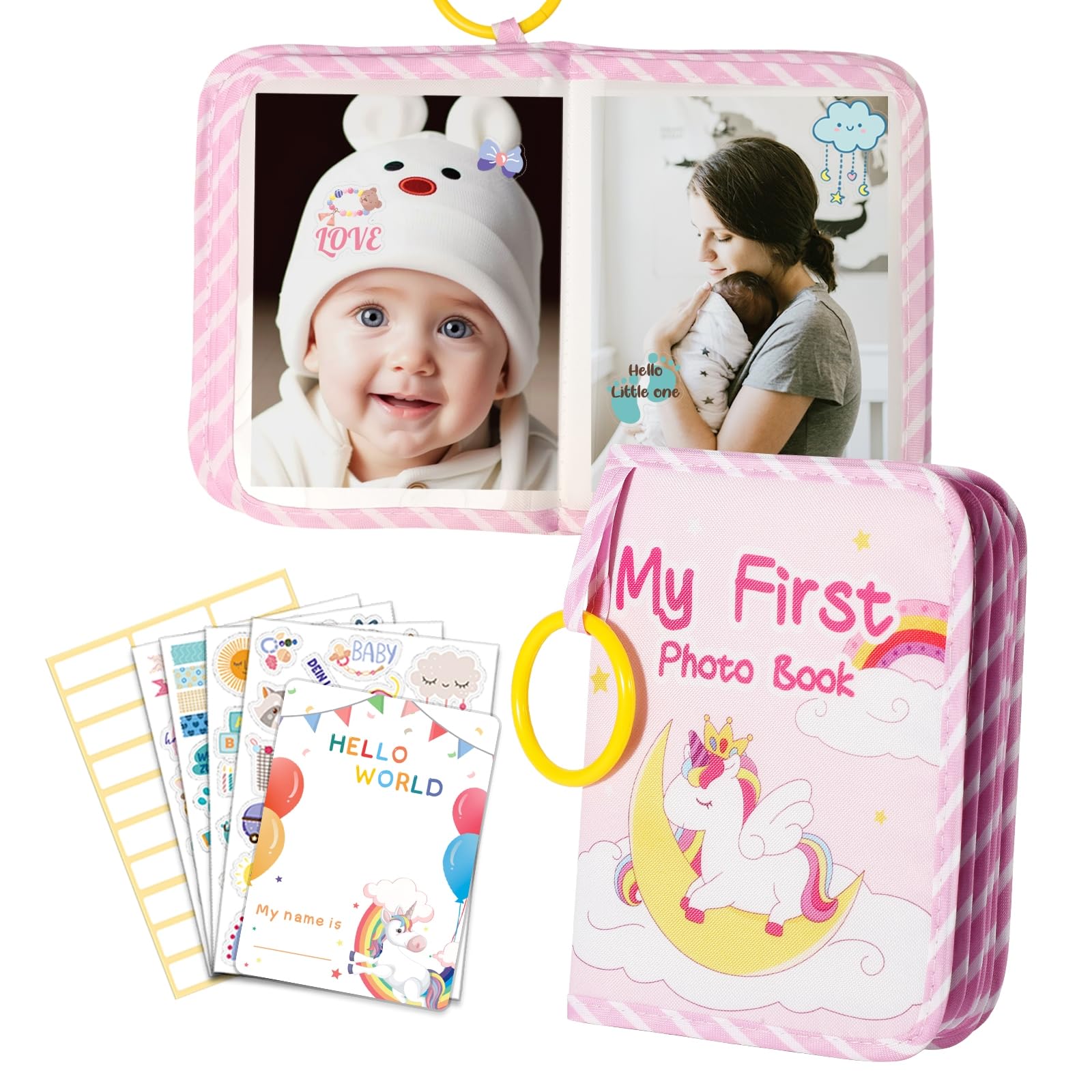 Baby‘s First Photo Albums with 245 DIY Stickers, 17 Pages Soft Memory Cloth Book, My First Family Album Gift for Toddler Newborn (Unicorn)