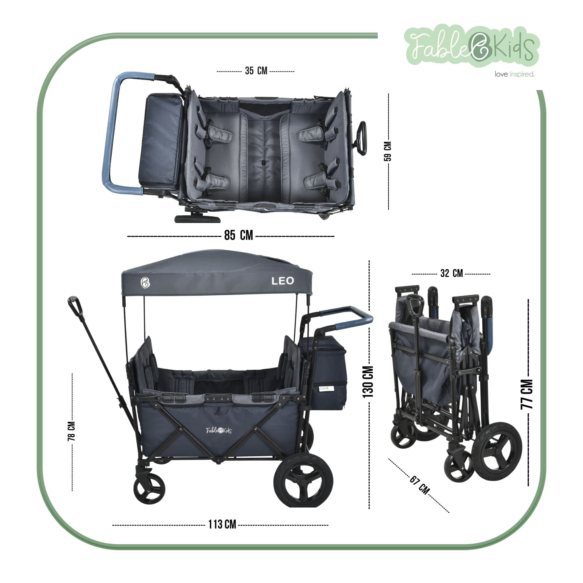 FableKids Chariot à pédales Leo X4Plus avec Toit | Chariot de Transport Pliable | 4X Harnais à 5 Points | Roues Tout Terrain 360° | Frein à Pied | Oxford 600D| Filets d'aération | Blueberry Blue