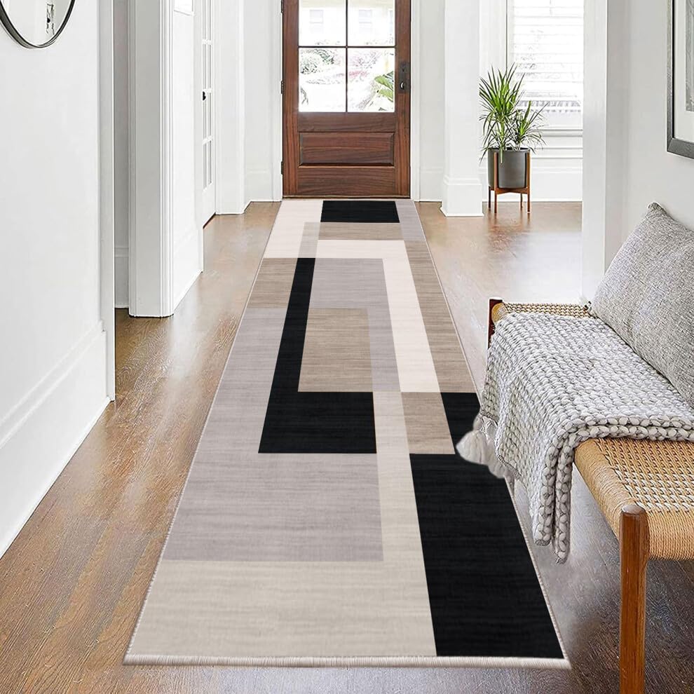 BedLooms Carpet Runners for Hallway Non-Slip long 80 x 300 cm Living room Black and Cream Runner Rugs – Geometric Pattern Modern Low Pile Bedroom Carpets (Milo Neutral)