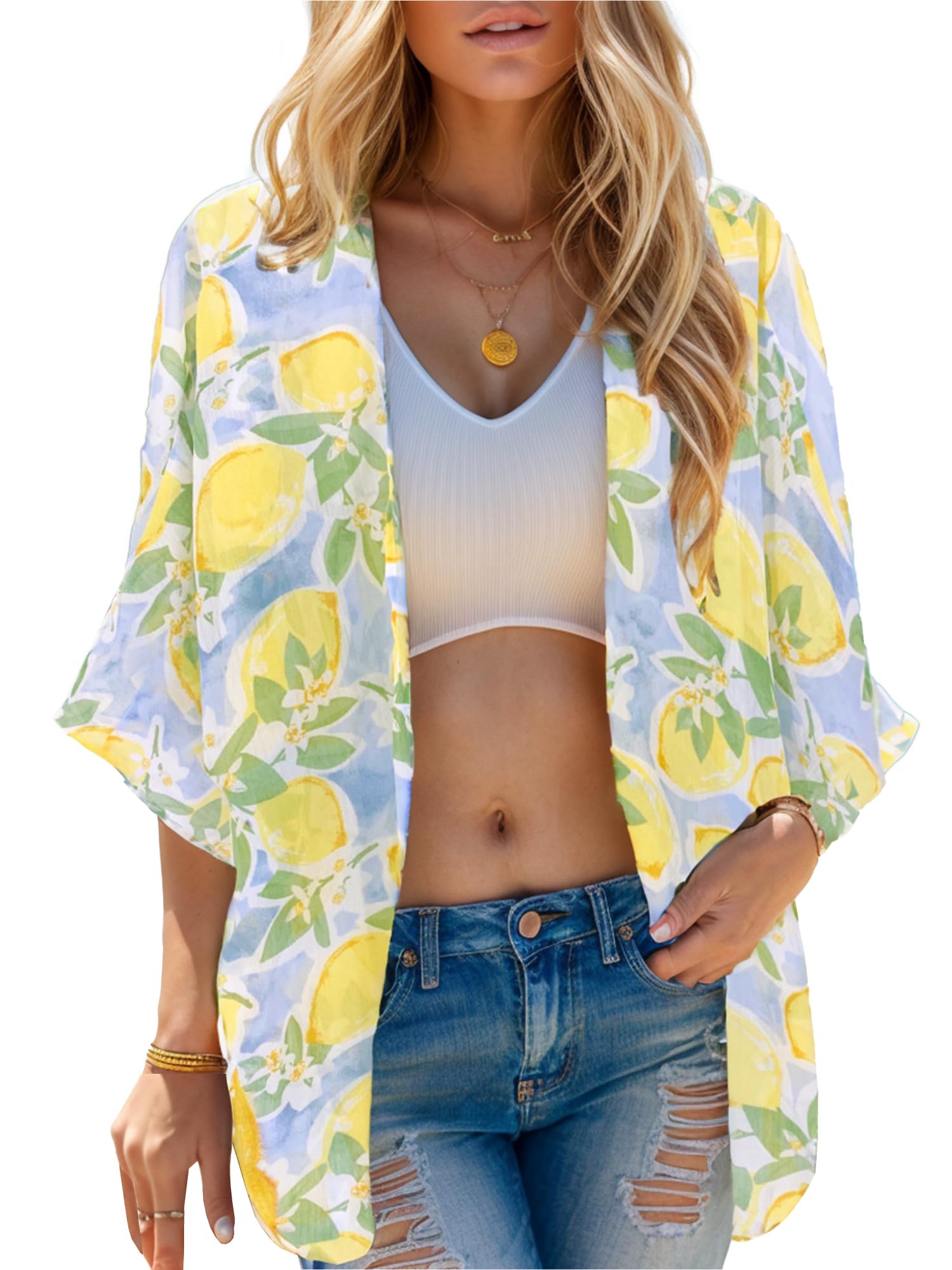 Moss RoseWomen's Beach Kimono Coverup Sheer Chiffon Cover Ups, Casual Loose Open Front Cardigan Tops