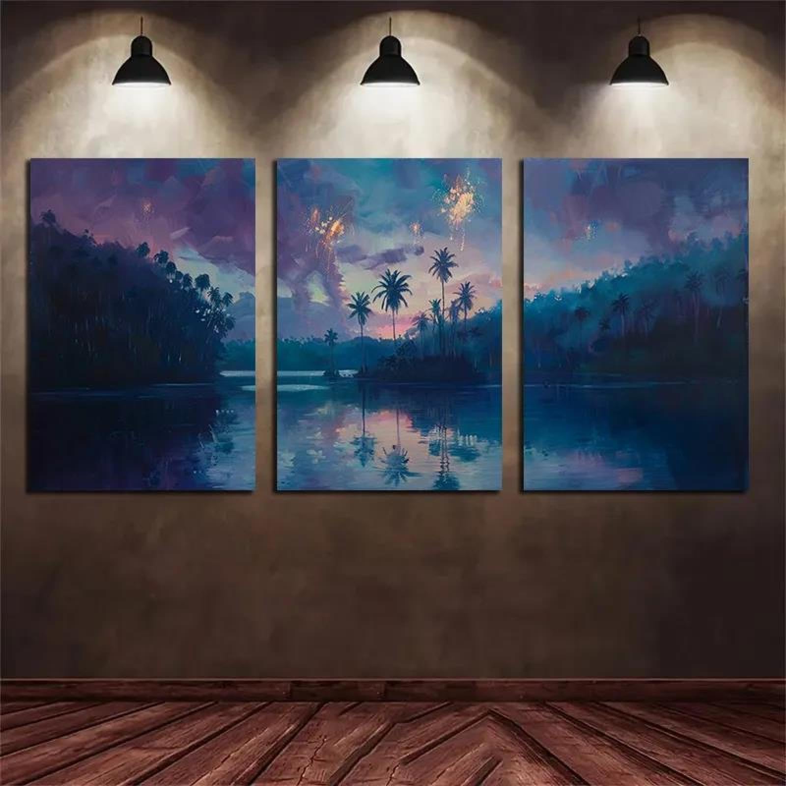 Yocheng 2D Flat, 3pcs Halloween Wall Art -Night Lake Palm Tree Triptych Canvas Painting 21x30cmx3 No Frame
