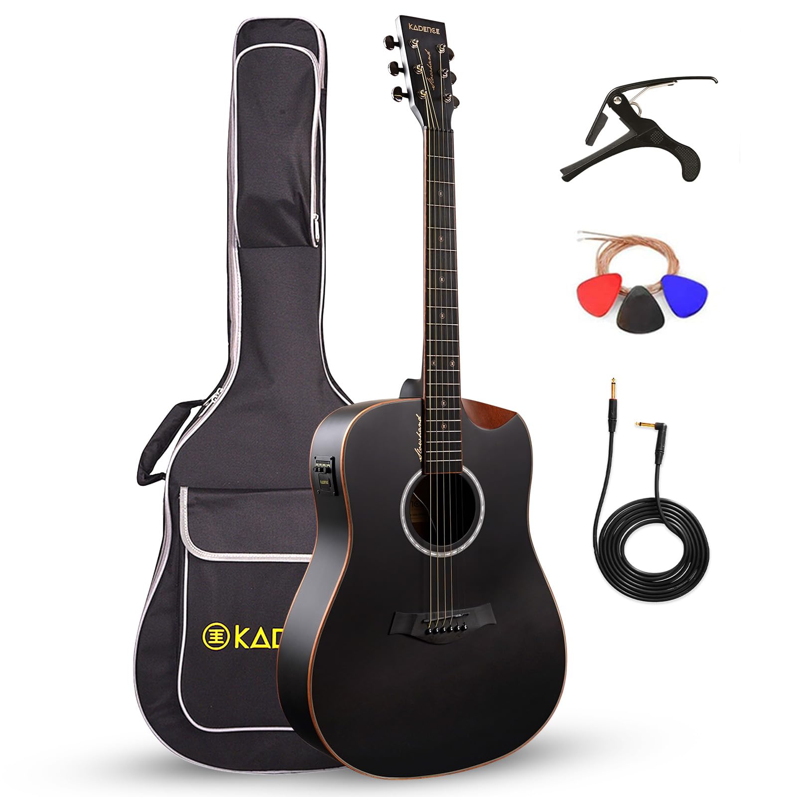 Kadence Slowhand Jumbo Semi Acoustic Guitar(Sh04) – Premium Black Spruce Wood with Heavy Padded Bag, Guitar Cable, Pro Capo, Set Of Strings, Picks with Learning Course