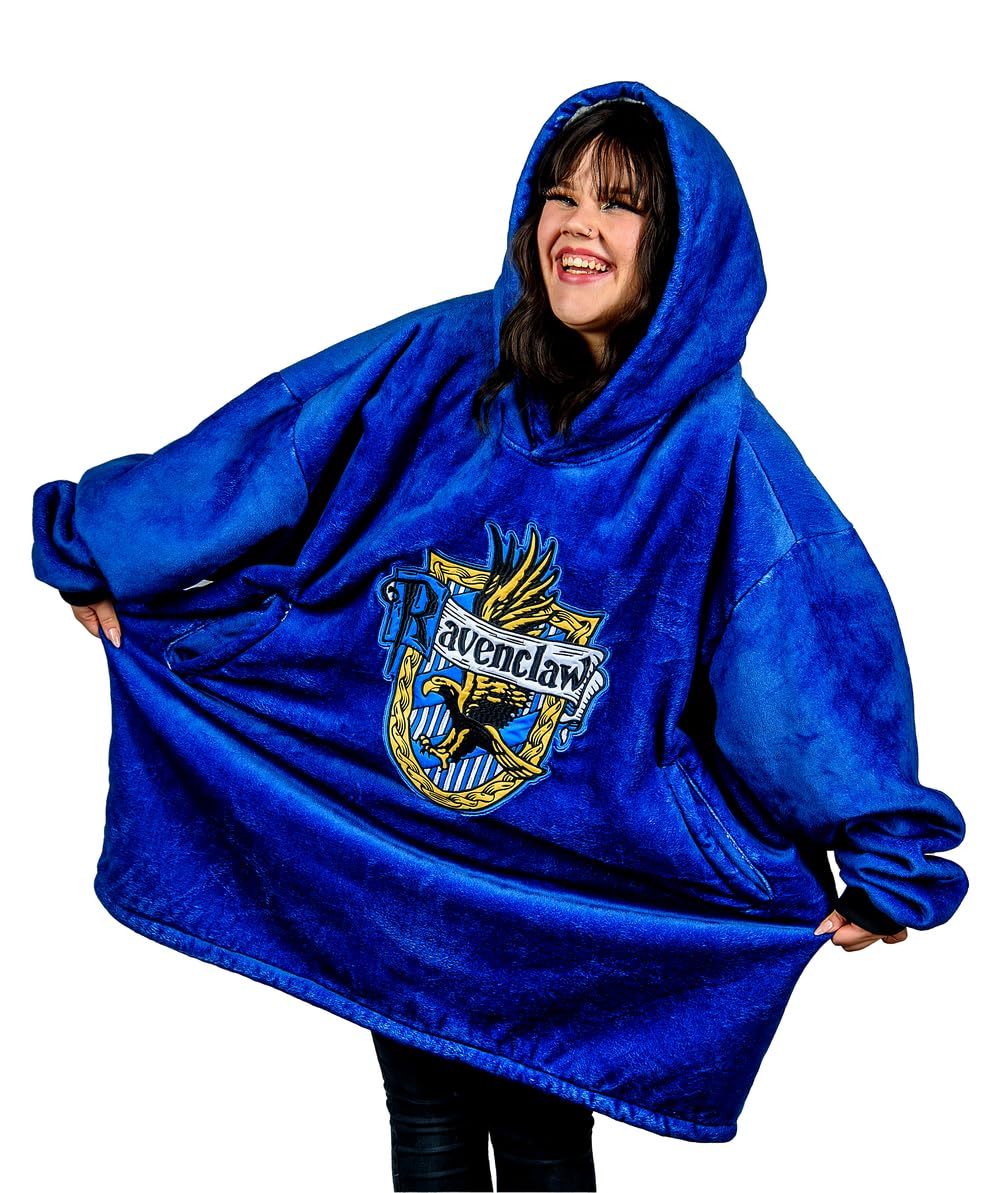 Coperta con cappuccio e tasca di Harry Potter, design con stemma della casa di Corvonero, in pile oversize indossabile con cappuccio e tasca, regali HP per donne, adulti e bambini