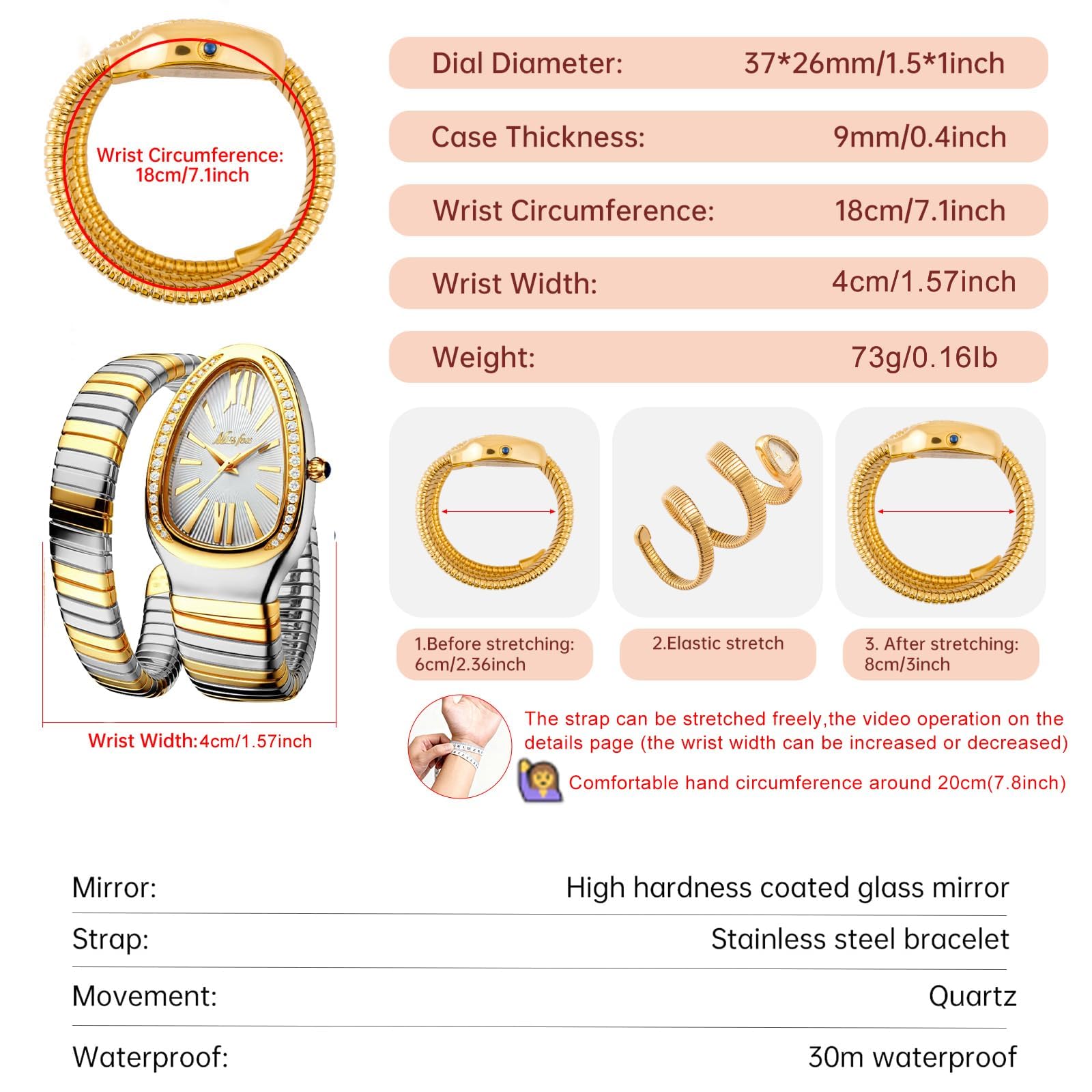 Klassische Damenuhr in Schlangenform, Gold und Silber, skalierbares Armband, Quarz-Uhren mit funkelnden Diamanten