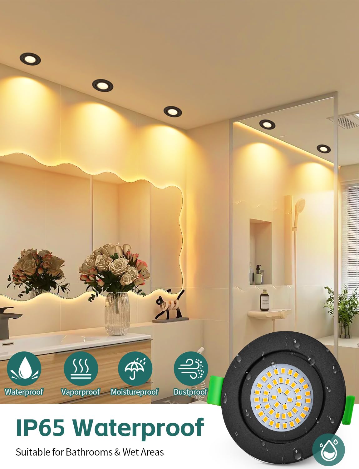 KYOTECH LED Einbaustrahler 230V Dimmbar 26mm Ultra Flach Einbauleuchten IP65 5W 550LM 2700K Warmweiß Einbauspots Nicht Drehbar, Deckenspots für Badezimmer Küche Wohnzimmer Flur Schwarz 10er Set