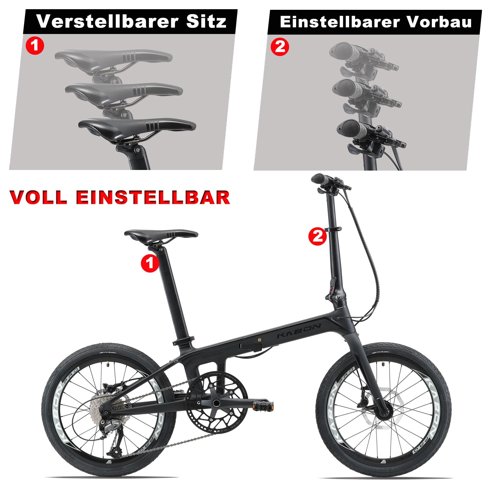 KABON Voll Carbon Faltrad, Leichtes 20 Zoll Carbonfaser Rahmen Klapprad mit 11 Gang Hydraulische Scheibenbremse Fahrrad mit Carbon Laufradsatz für Unisex-Erwachsene
