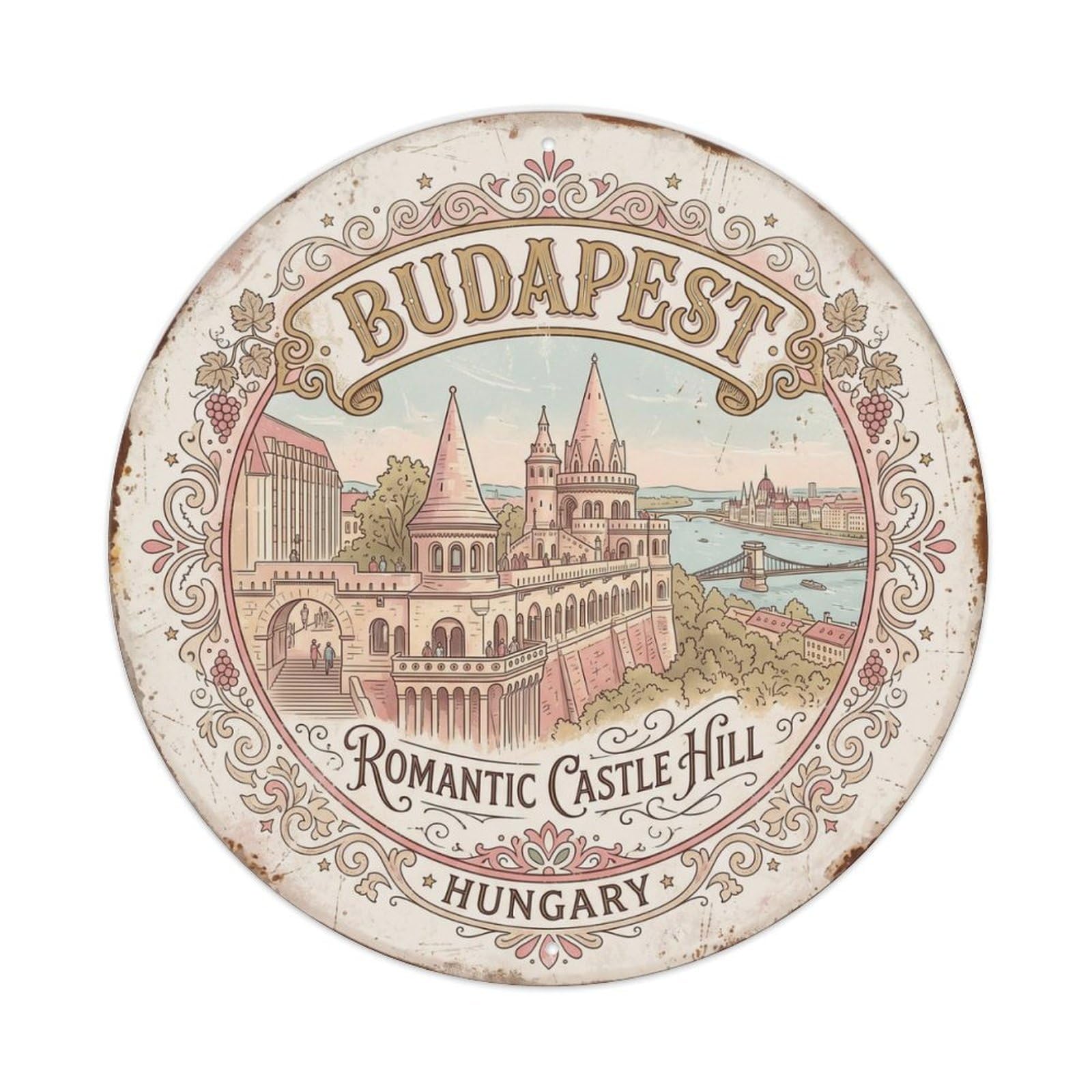 Vintage Travel Bastion Budapest Romantic Metal Tin Sign Plaque Wall Decor for Cafe, Club Bar, Office, Home Garden Round Metal Poster 8x8Inch