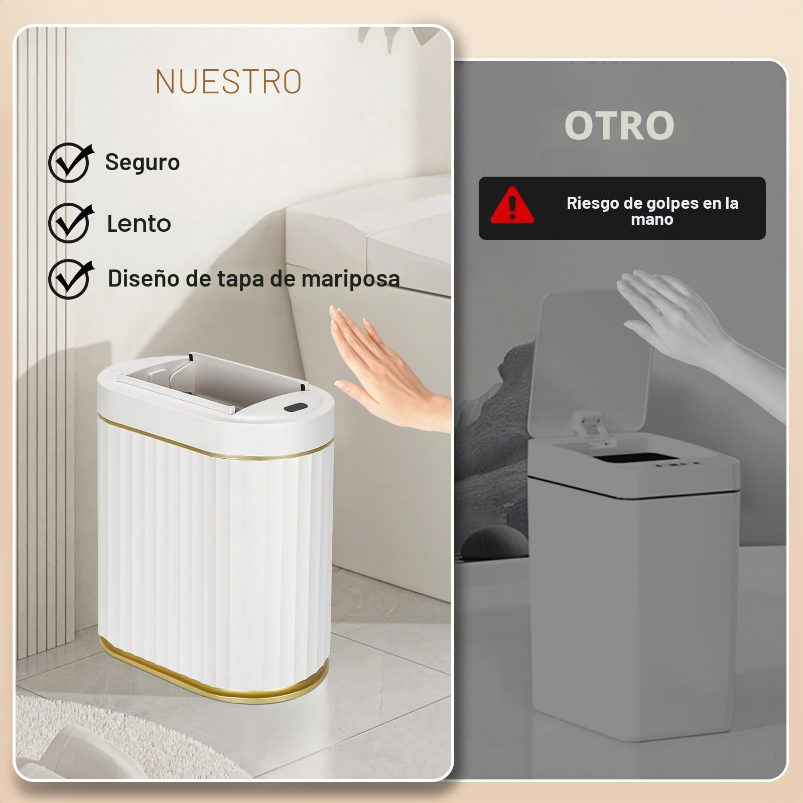 ELPHECO Bote de basura de baño con tapa, mariposa, sensor de movimiento, decoración de baño, papelera automática, accesorios de baño, cocina, sala de estar, oficina, oro blanco