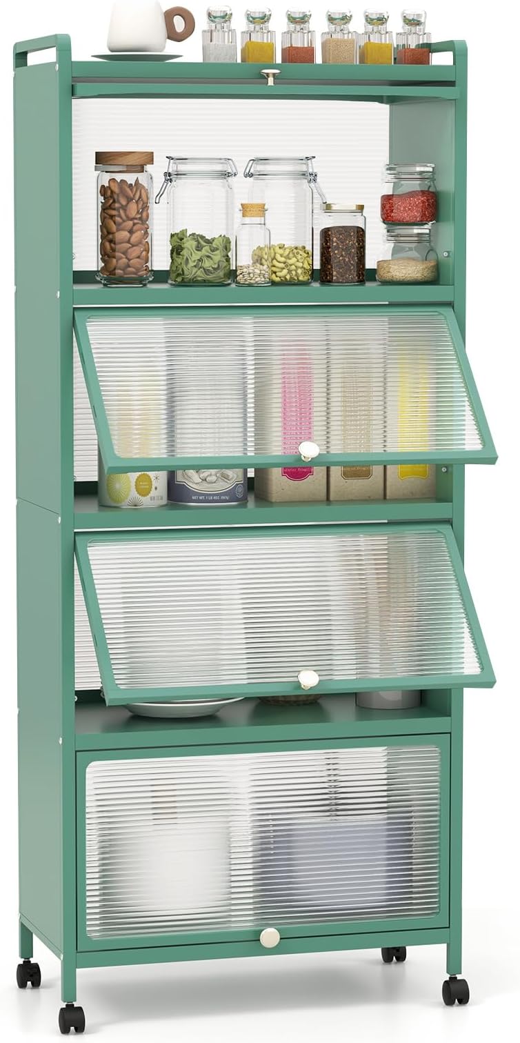 COSTWAY Rolling Kitchen Storage Cabinet, 5-Tier Tall Pantry Utility Shelf with Flip-up Doors & Lockable Wheels, Freestanding Bakers Rack Microwave Stand for Living Dining Room, 60 x 32 x 154cm (Green)
