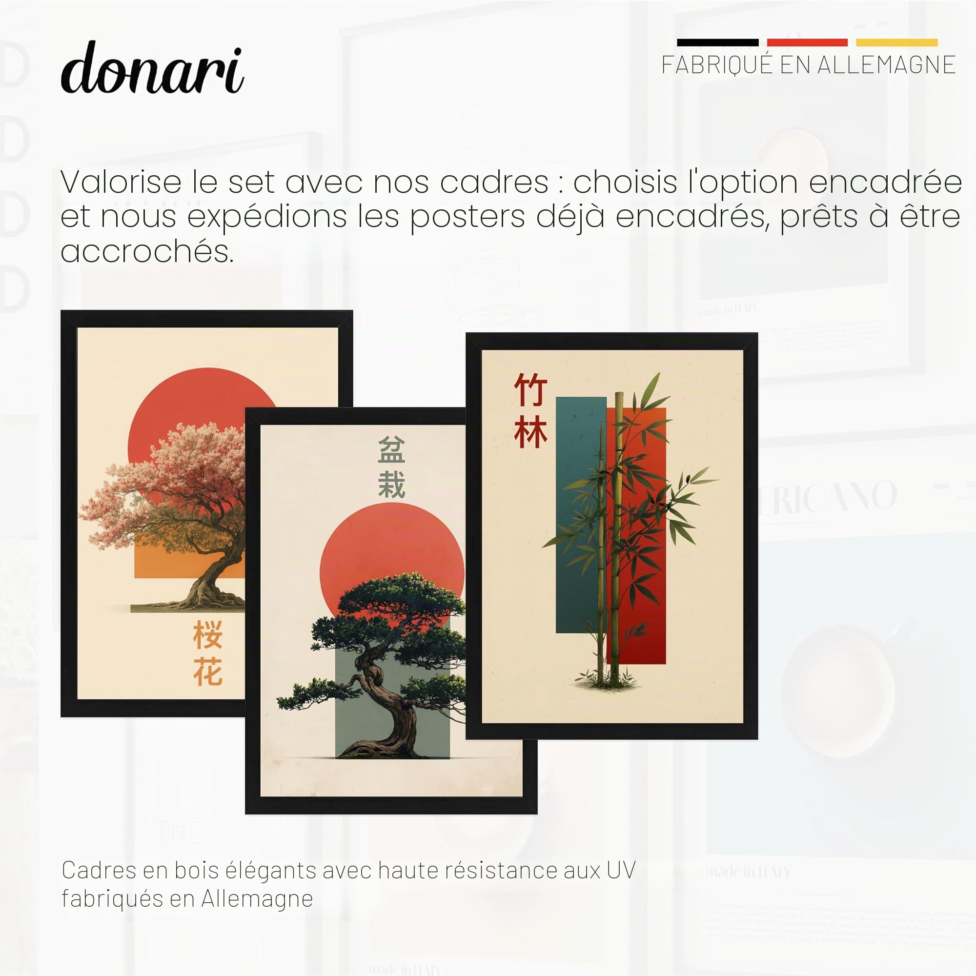 Donari Lot de posters japonais – Tableaux muraux avec motifs asiatiques | Kyoto, Tokyo & culture traditionnelle | Idée cadeau pour les fans du Japon (lot de 6 - Bonsaï x Bambou, 30x40 cm, Cadre noir)