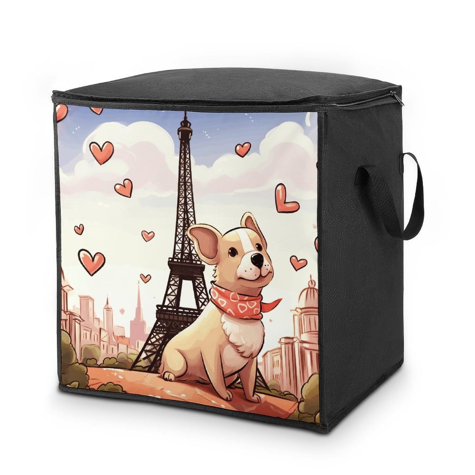 Dog And Eiffel Tower Storage Bags Comforter Quilt Blanket Clothes with Zipper & Handles Easy to Fit King Size Comforter Set Closet Under Bed Organizer for Dorm Pillows Bedding 70L