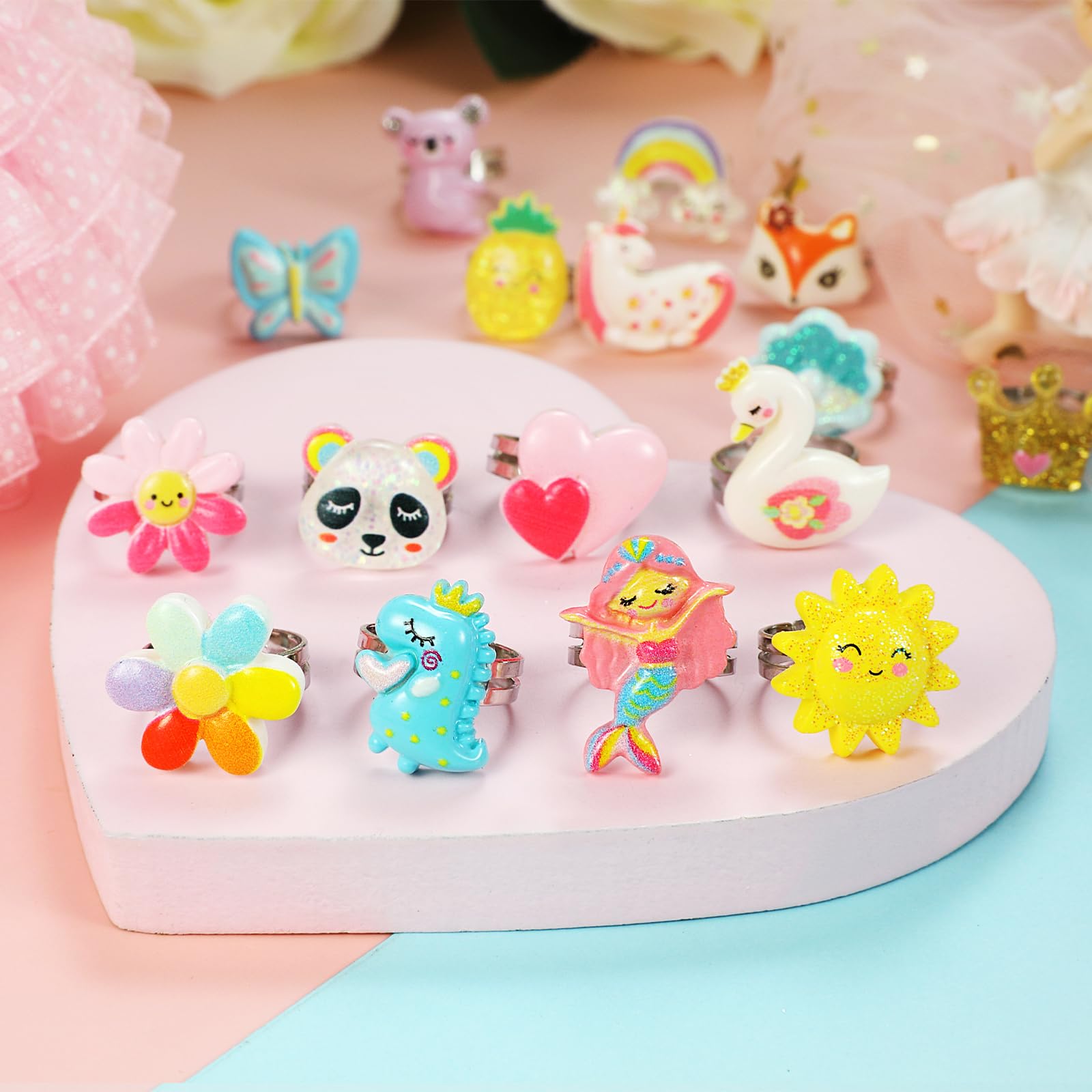 PinkSheep Anillos de joyas para niñas en caja, ajustables, sin duplicación, anillos de juego de simulación y de vestir para niñas (24 Bling Ring)