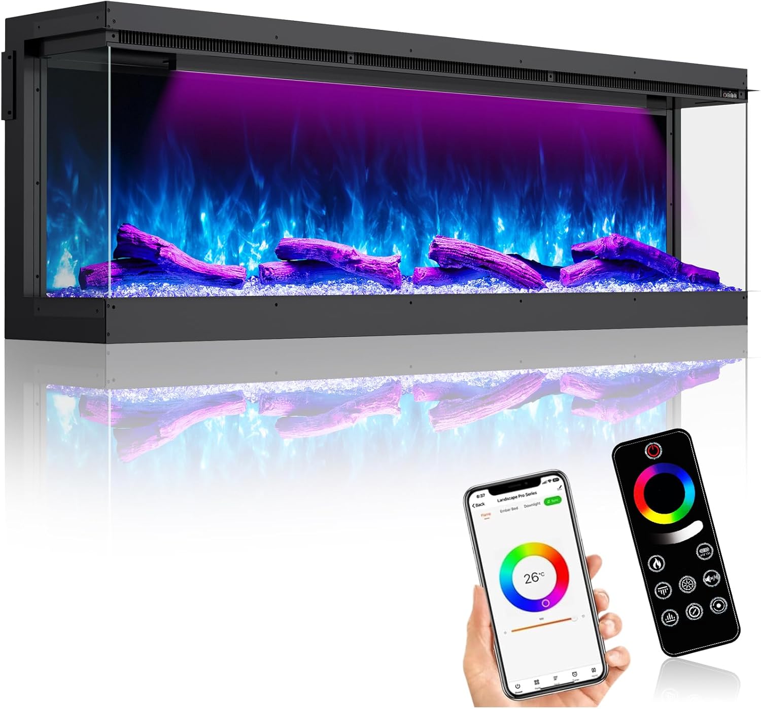 60 Inch 3 Sided Smart WiFi Electric Fireplace Insert with 251 RGB Flame Colors, Recessed Heater, App & Remote Control, 750W/1500W Dual Heat for Large Room up to 400 sq ft, ETL Certified