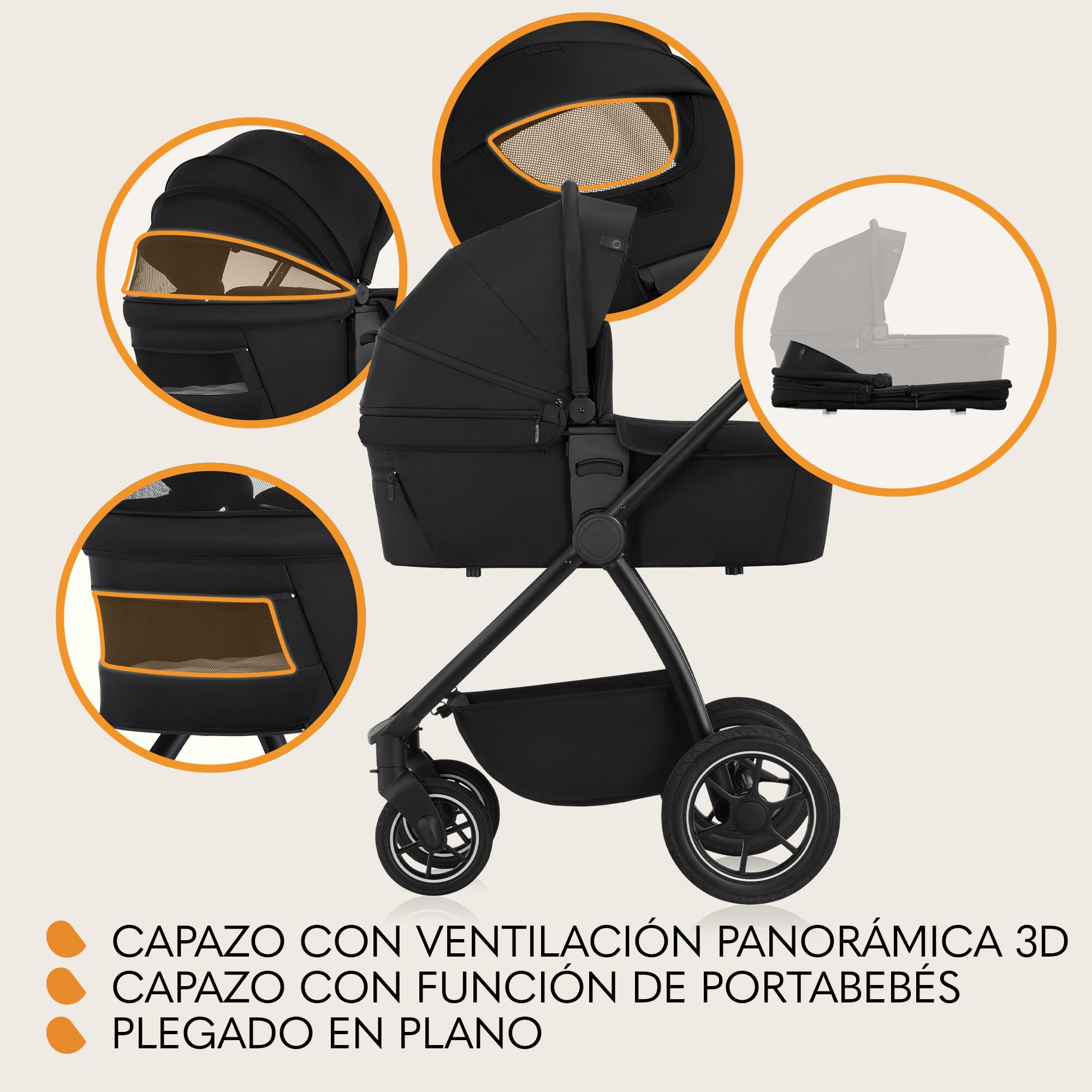 LIONELO MERIL 3 en 1 Cochecito de Bebé Multiusos 0-48 Meses Hasta 22 kg, Capazo hasta 9 kg, Silla de Coche Hasta 13 kg, Ruedas Todoterreno 360°, Suepensión Total, Capota XXL UPF50+ (Black)