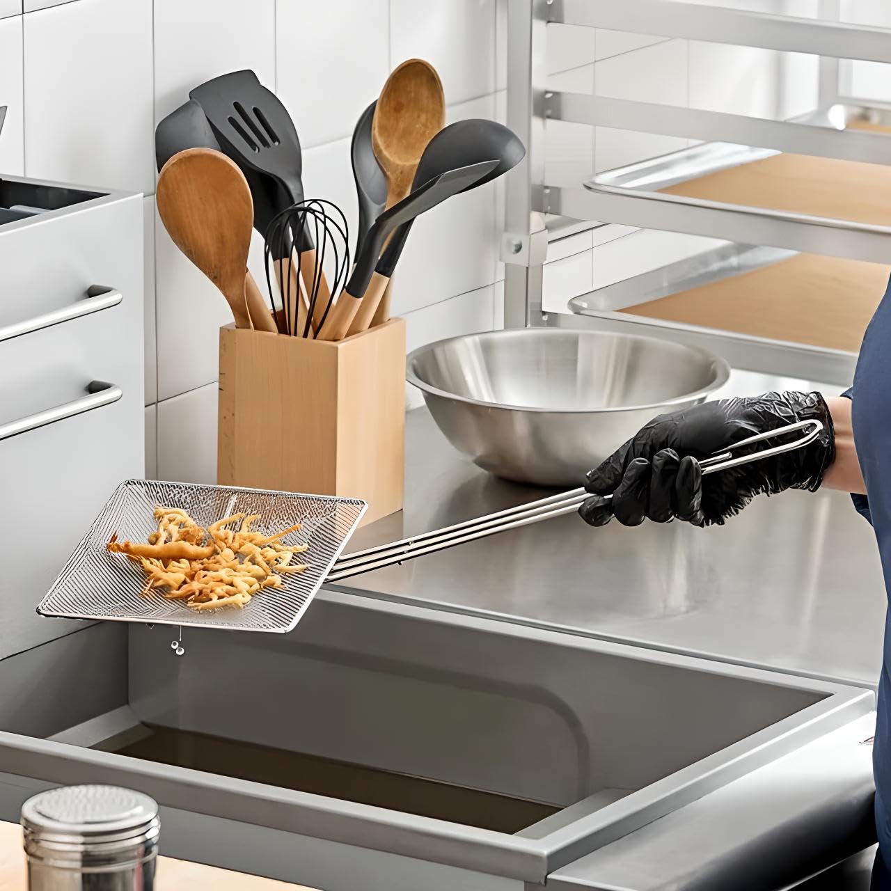 OCS Parts Square Fine Mesh Strainers | 2-Pack | 7-Inch | Long Handle Oil Skimmer for Deep Fryers with Hanger Hole for Easy Storage | Dishwasher Safe