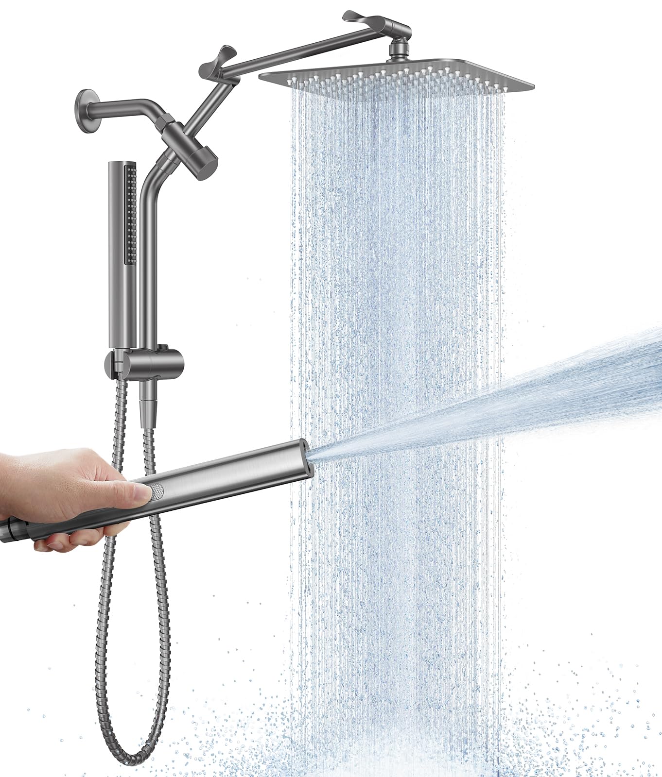 Veken All Metal 10" Gunmetal Gray Shower Head with Handheld, Luxurious Square Double Rain Shower Heads with Spray Combo, Dual High Pressure Detachable