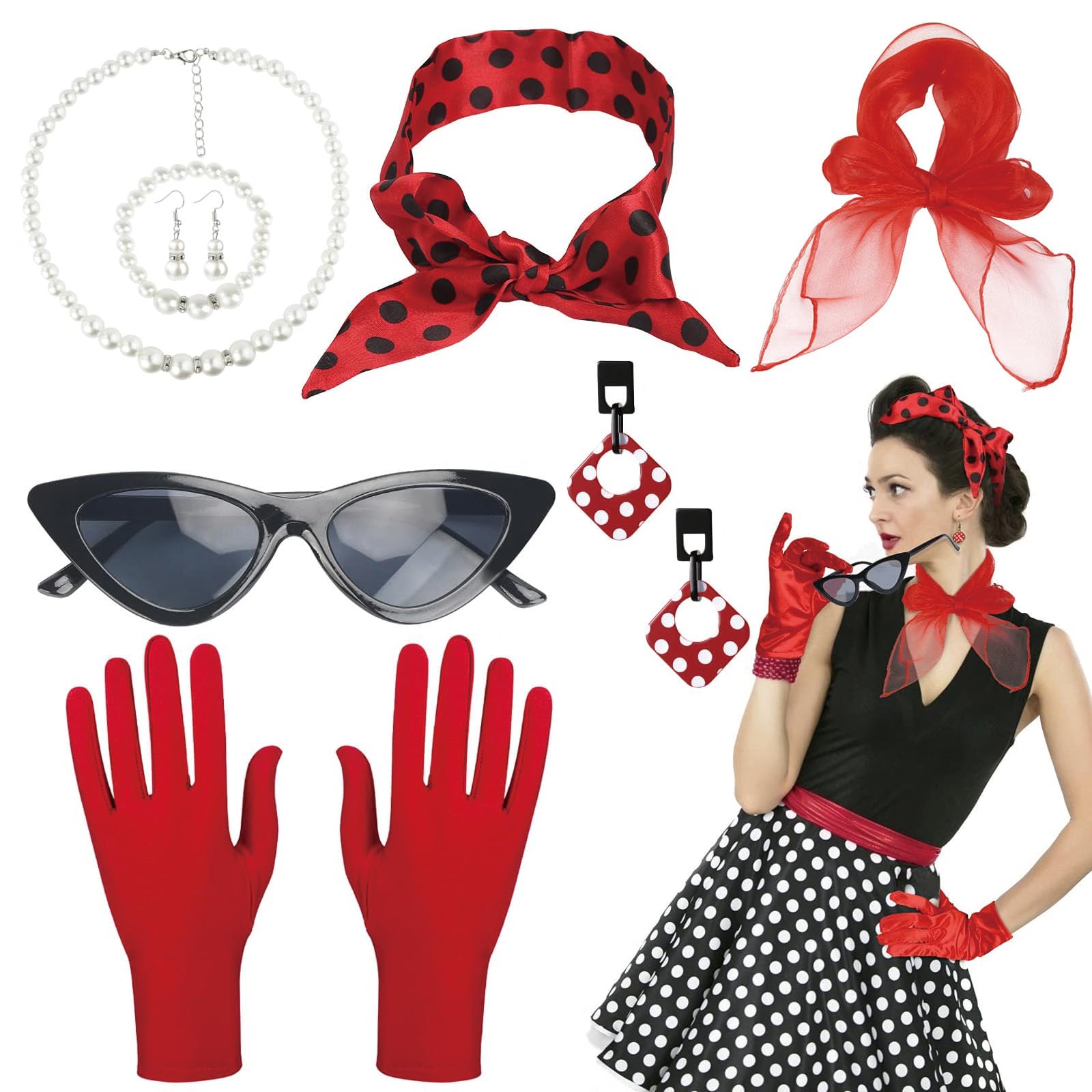 DXPETA 8 Pcs 50s Costume Accessories Set for Women, Retro 1950s Grease Fancy Dress Kit with Polka Dot Bandana Tie Headband Cat Eye Glasses Headband Earrings Necklace Gloves Bracelet for Women Ladies