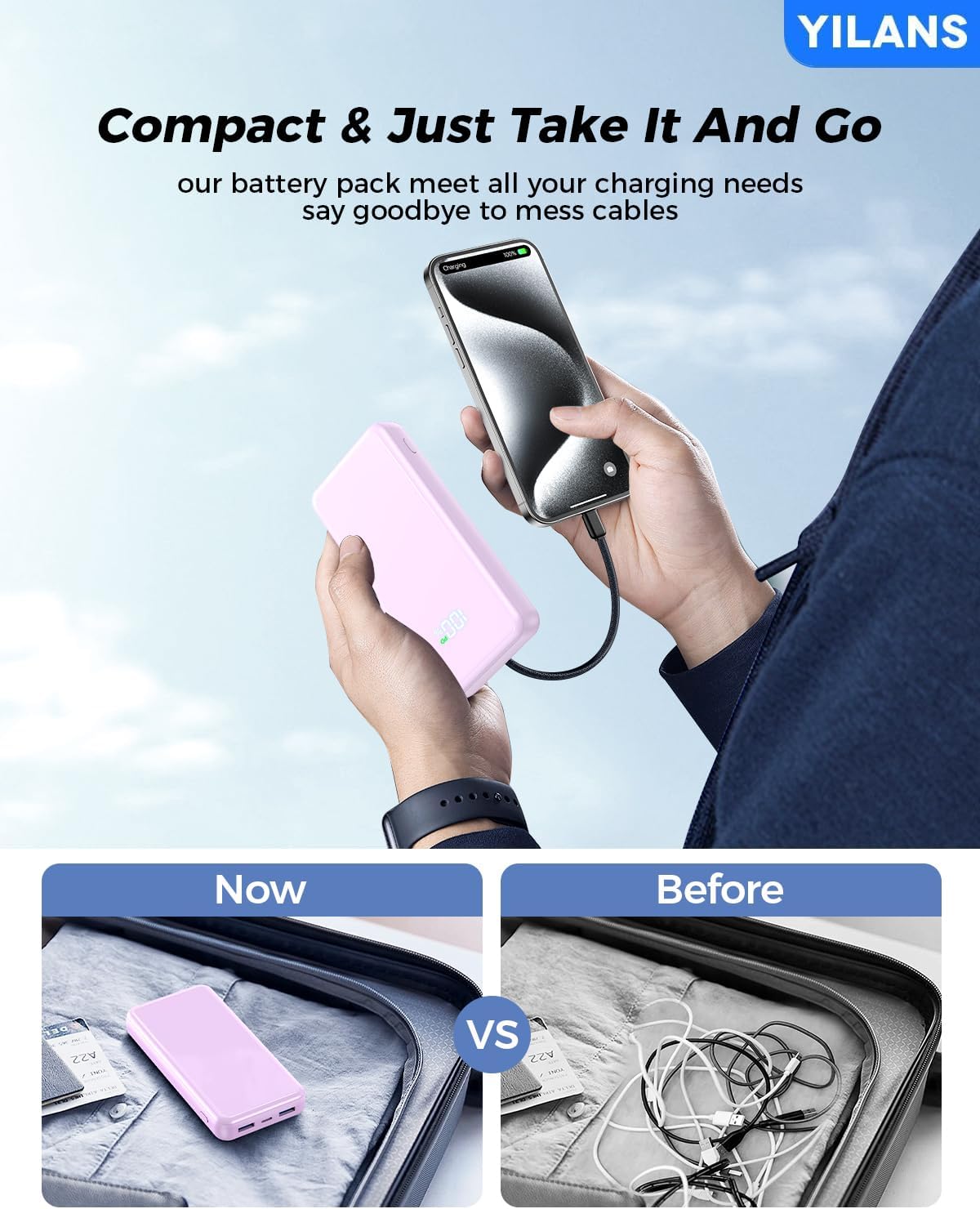 Cargador portátil, banco de energía de 42800 mAh con cable integrado, carga rápida PD USB C de 22,5 W entrada y salida, paquete de batería externa con 6 salidas y 2 entradas, cargador de - imagen 3