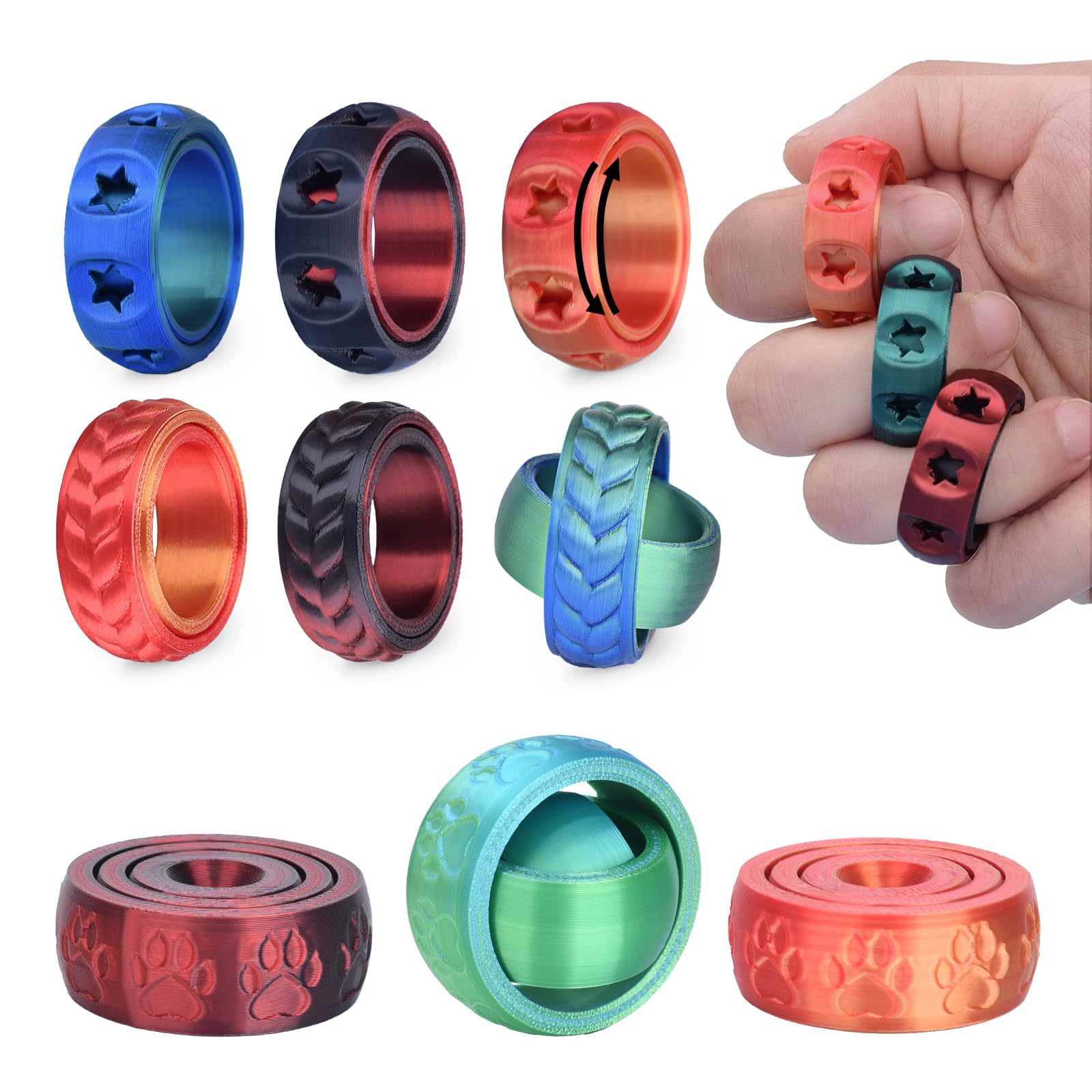 ATOMUS 9 PCS Adult Fidget Rings 2mm 3D PLA Fidget Toys Anxiety Relief Spinner, Fidgets Sensory Rings Textured Finger Spinner Ring for Office Decompression and Stress Relief