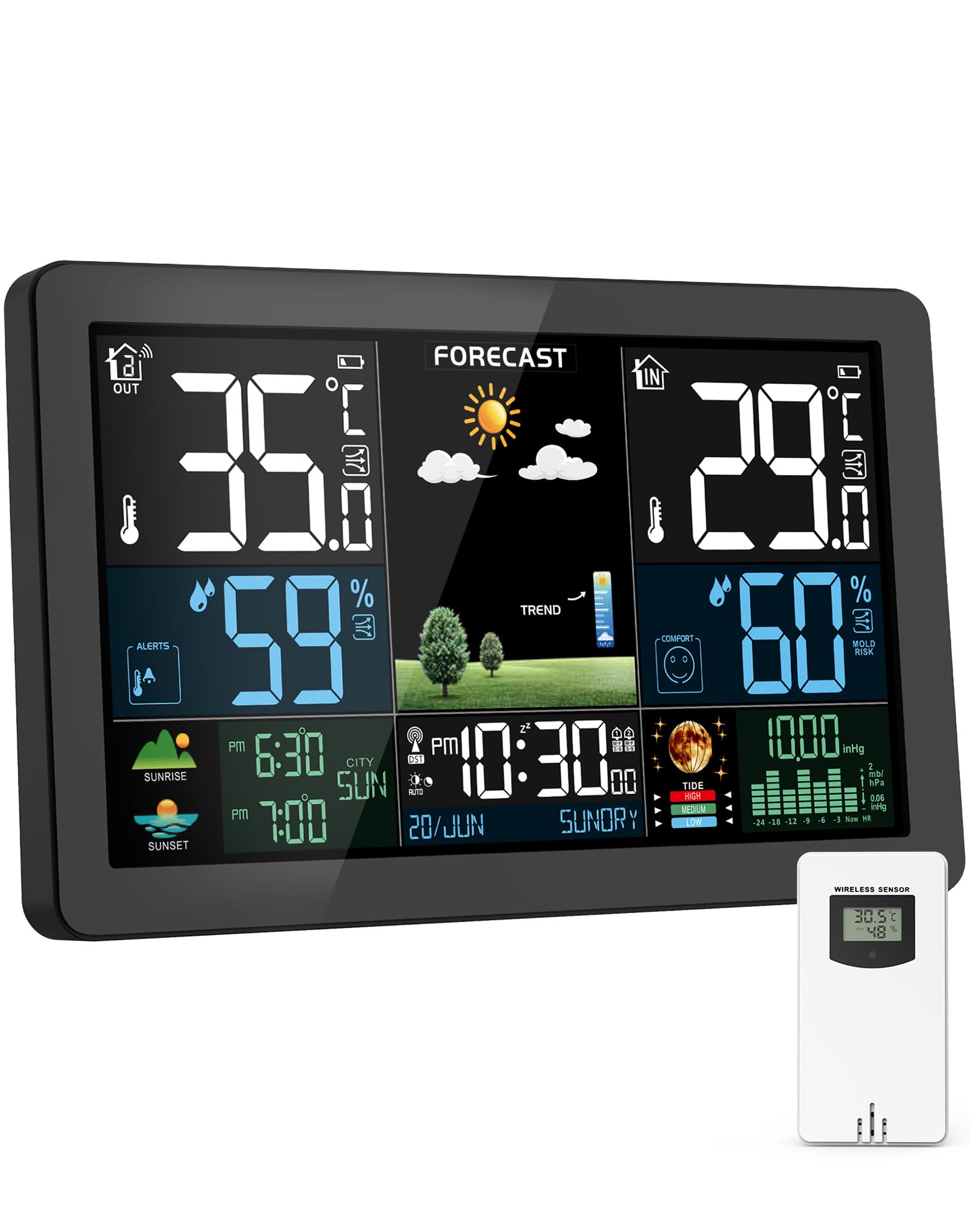 Weather Station with External Sensor, Colour Display, Weather Forecast, Temperature, Humidity, Alarm Clock with Snooze Function, Air Pressure, Indoor and Outdoor Use