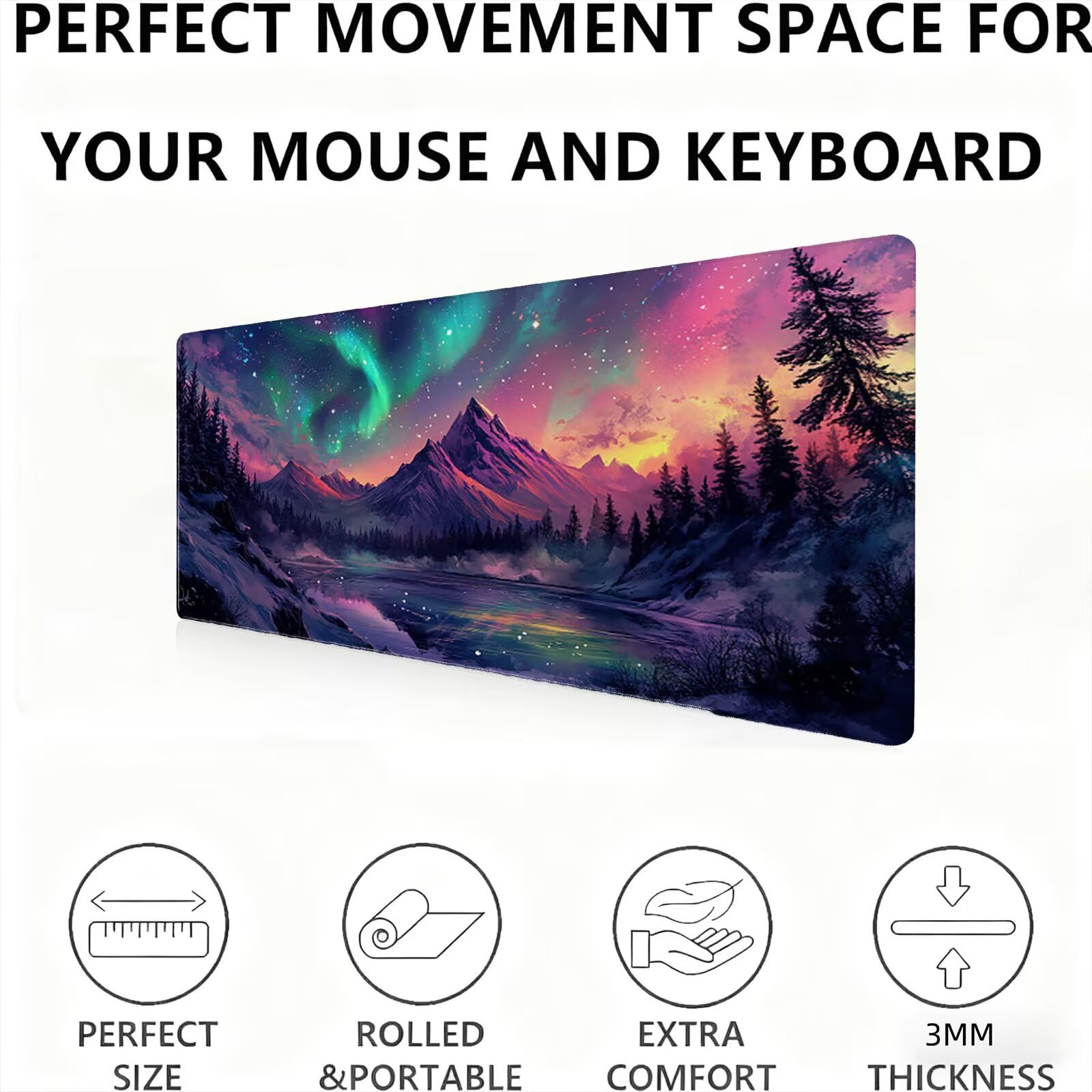 Podkładka pod mysz XXL krajobraz/zorza polarna 1200 x 600 mm duża podkładka pod mysz szyte krawędzie wodoodporna antypoślizgowa duże rozszerzone akcesoria na biurko do PC, przenośna poprawia