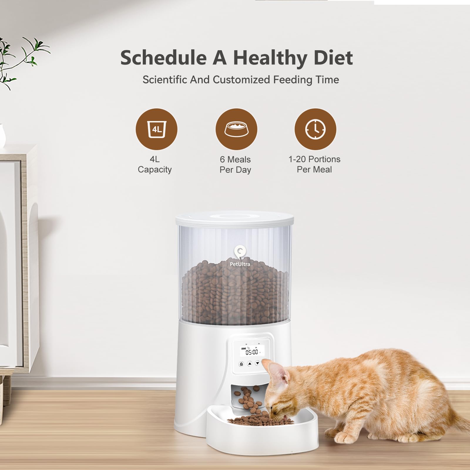 PETULTRA Automatic Cat Feeder: 4L Timed Cats Food Dispenser Programmable 1-6 Meal for Cat and Small Medium Dog- Auto Pet Feeder Easy to Set Up Dual Power Supply with Desiccant Bag| Detachable Washable