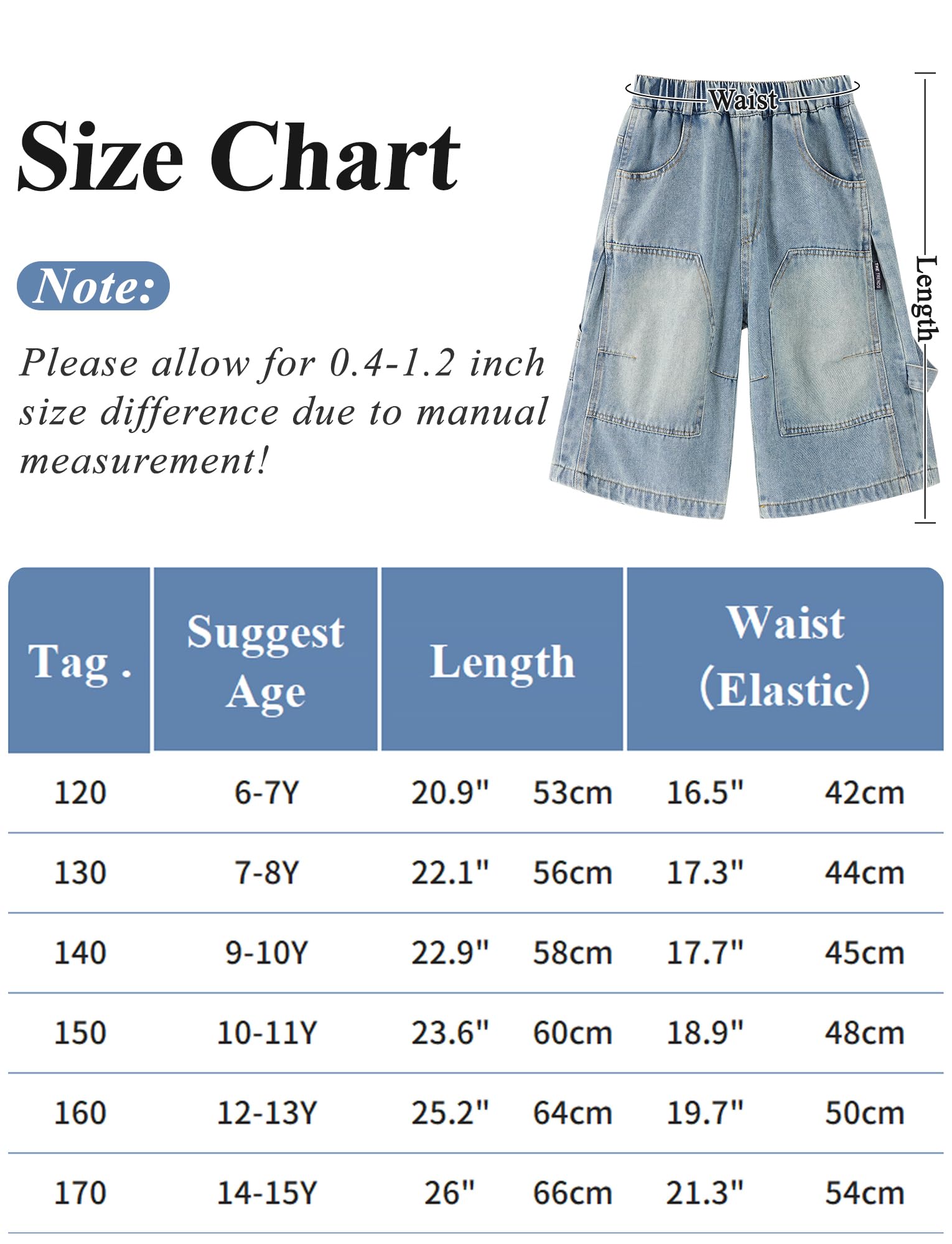 SEAUR Jeans corti per ragazzi larghi in cotone elastico in vita jeans estivi per ragazzi pantaloncini in denim cargo casual vestibilità ampia 6-15 anni