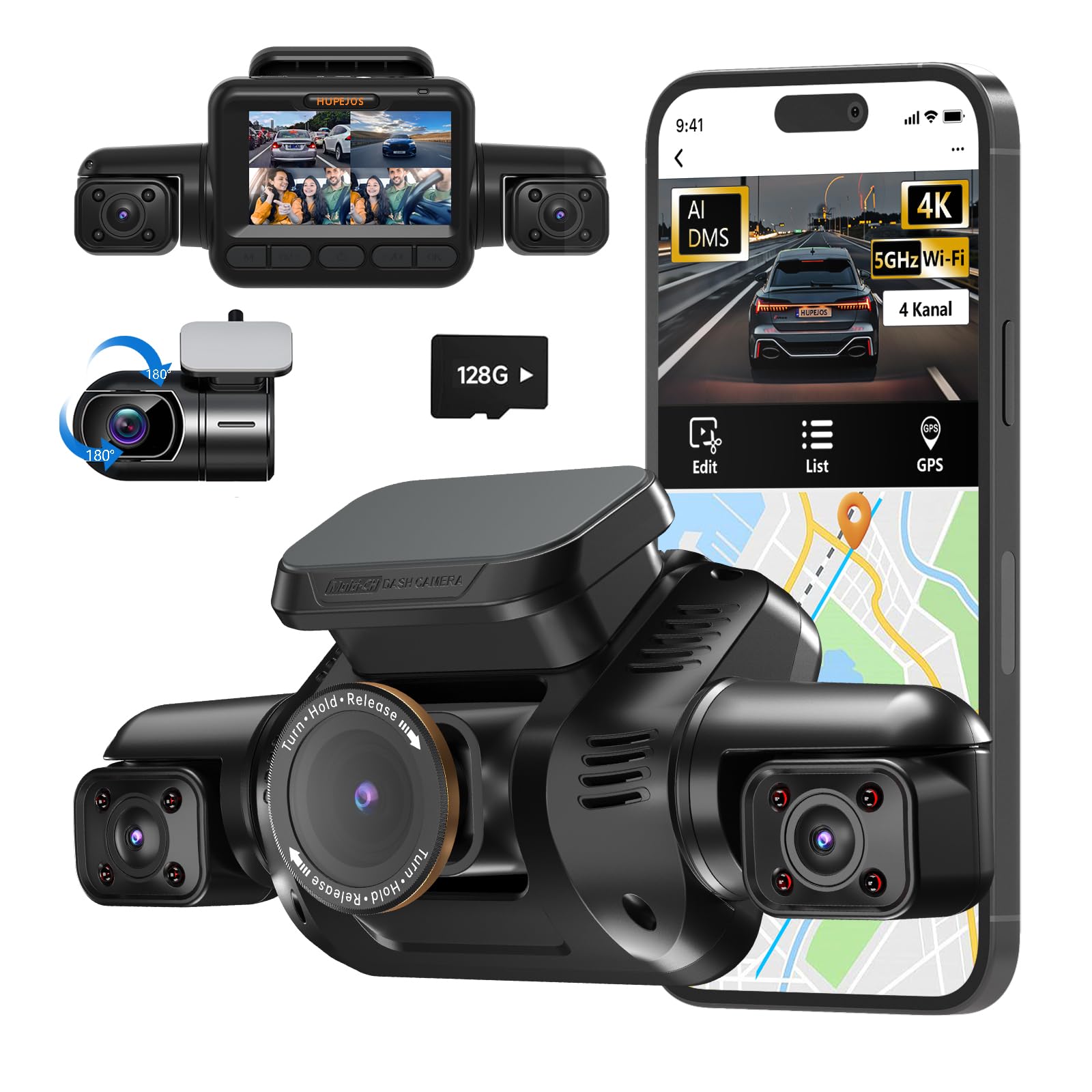 Hupejos AI Dashcam V8Pro - 4K 360° Mit Nachtsicht & Parküberwachung