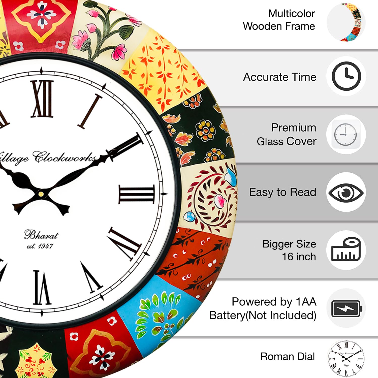 RoyalsCart Elegant Handmade Painting Analog Wall Clock Masterpiece for Your Home Decor || Clock Size - 16 x 16 inches [KTWC186]