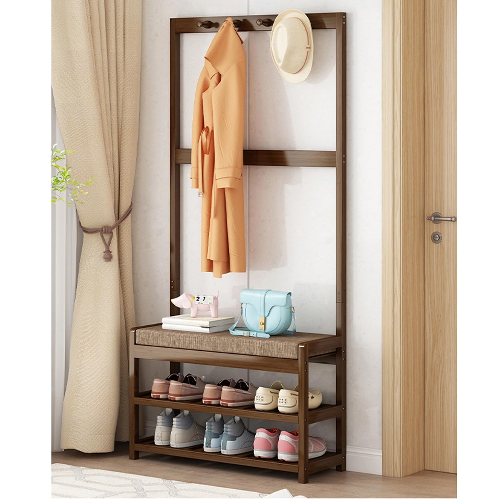 GHFXSCV 3-in-1 Bamboo Coat Rack with Bench & Shoe Sto - Hall Tree for Entryway, Hallway, Closet & Bedroom - Space-Saving nizer (70x27x45cm)