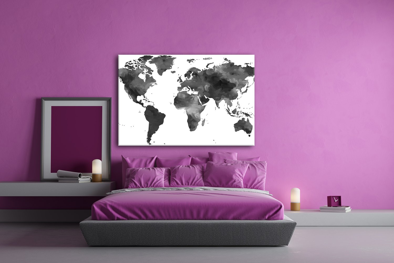 deyoli - Mapa del mundo con efectos en lienzo, diseño de mapamundi enmarcado sobre madera auténtica, impresión digital de alta calidad con marco, sin póster o cartel, lona, negro y blanco, 120 x 80