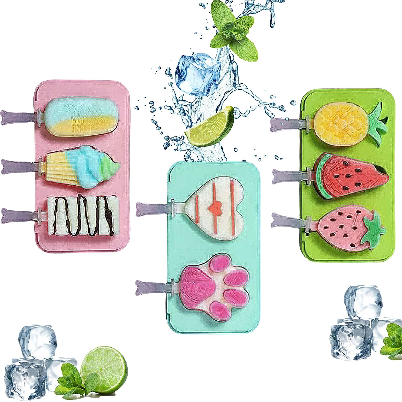 3-Pack Silicone Popsicle Molds For Kids - BPA Free, Cute Shapes (Paw, Cartoon, Snowman) With Lids & Sticks