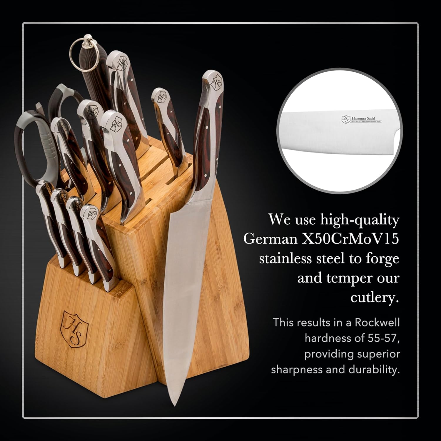 Hammer Stahl 12 Piece Knife Block Set | Stainless Steel Knife Set with Shears, Chef, Santoku, Bread, Steak and Paring Knives