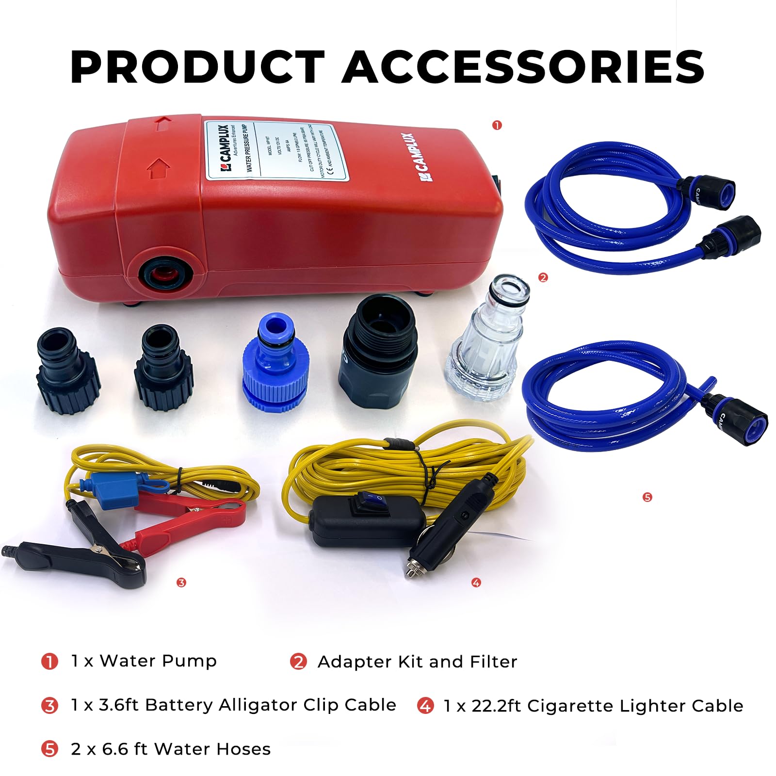 CAMPLUX - Kit de bomba de agua de 12 V con interruptor de seguridad, cable de clip de cocodrilo y cable para encendedor de cigarrillos