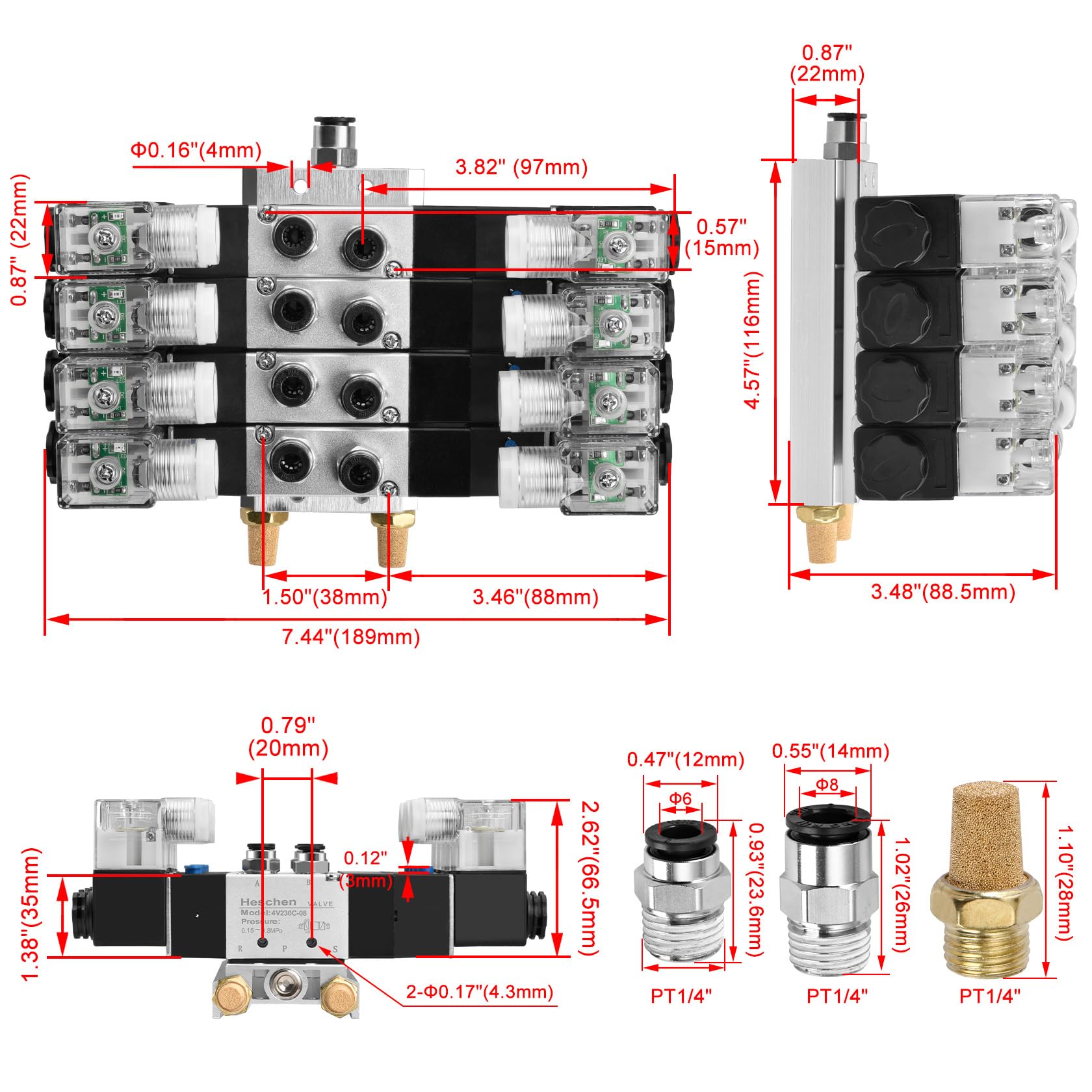Heschen Electroválvula neumática eléctrica 4, 4V230C-08, 12VDC, PT1/4, 5 vías 3 posición, base del colector, silenciador, conjunto de accesorios rápidos, CE