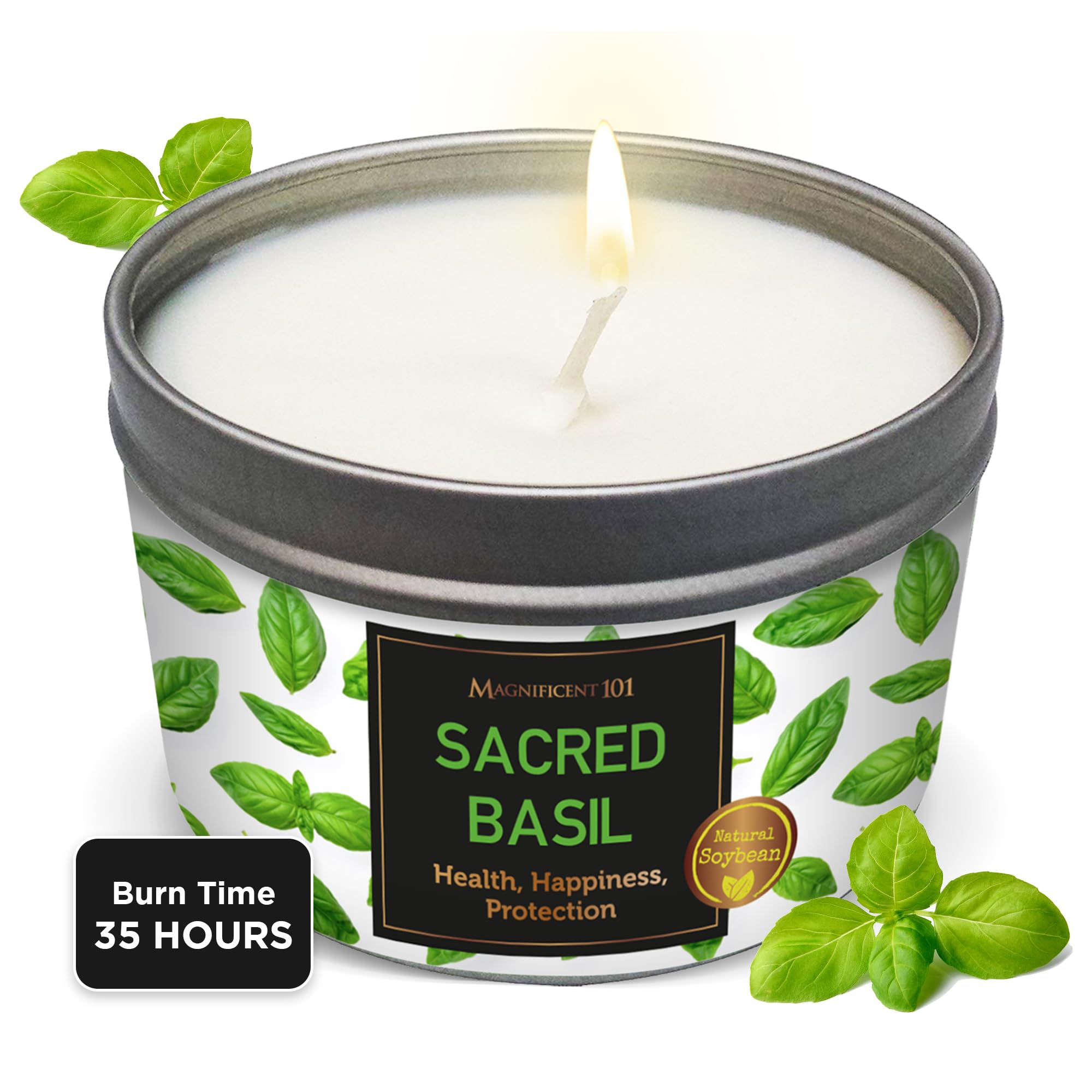 Magnificent 101 Basil Smudge Candle - 6 Oz Natural Soy Wax - 24H Burn Time & Clean Burn - Negative Energy Cleansing & Protection - Chakra Healing - Manifestation & Positive Energy Candle
