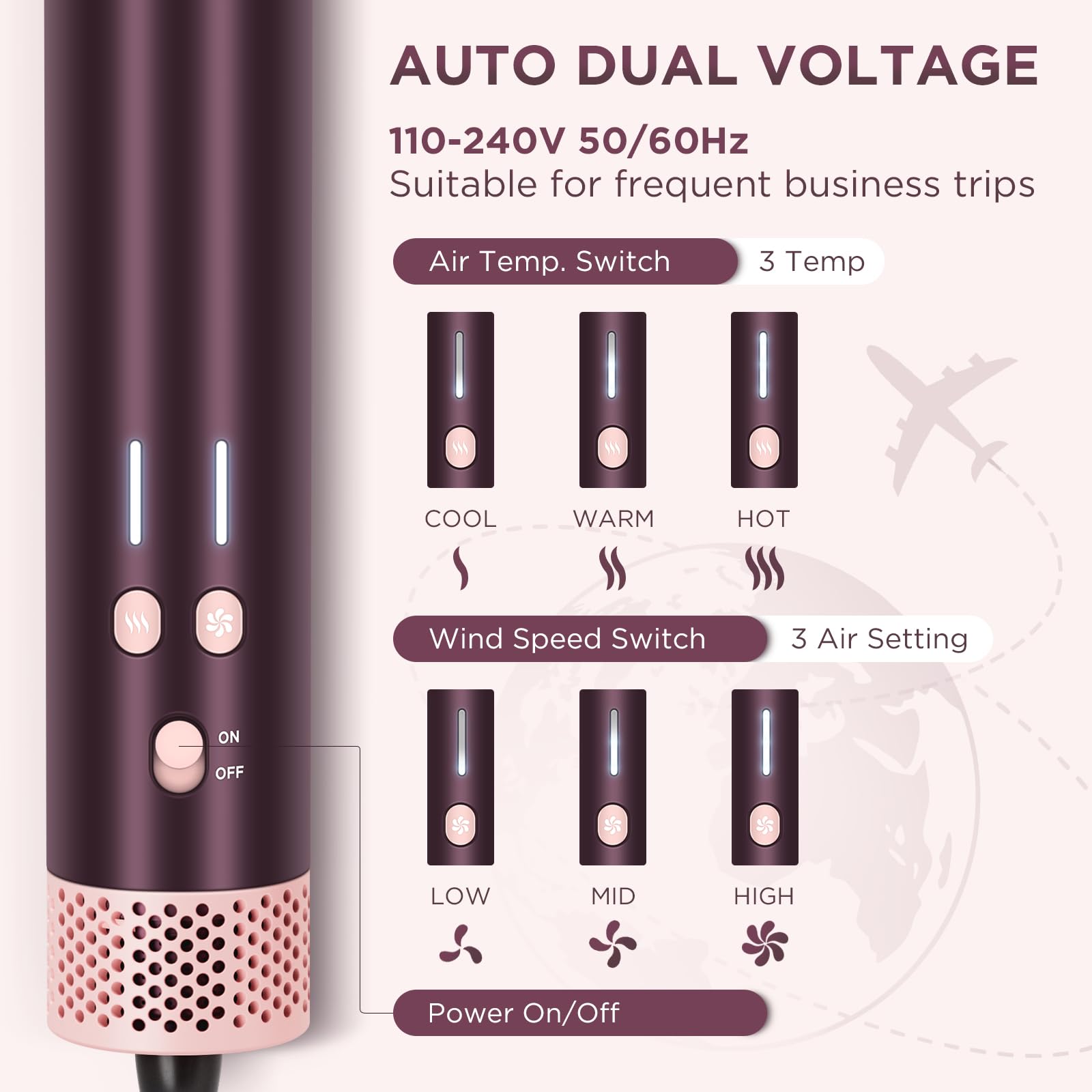 7 in 1 Air Styler, Spazzola ad aria calda MaxAIR 2.0 Multi-styler Set | Doppia tensione, ferro arricciacapelli, piastra lisciante, 110,000 RPM asciugacapelli, spazzola volumica, Jasper Plum