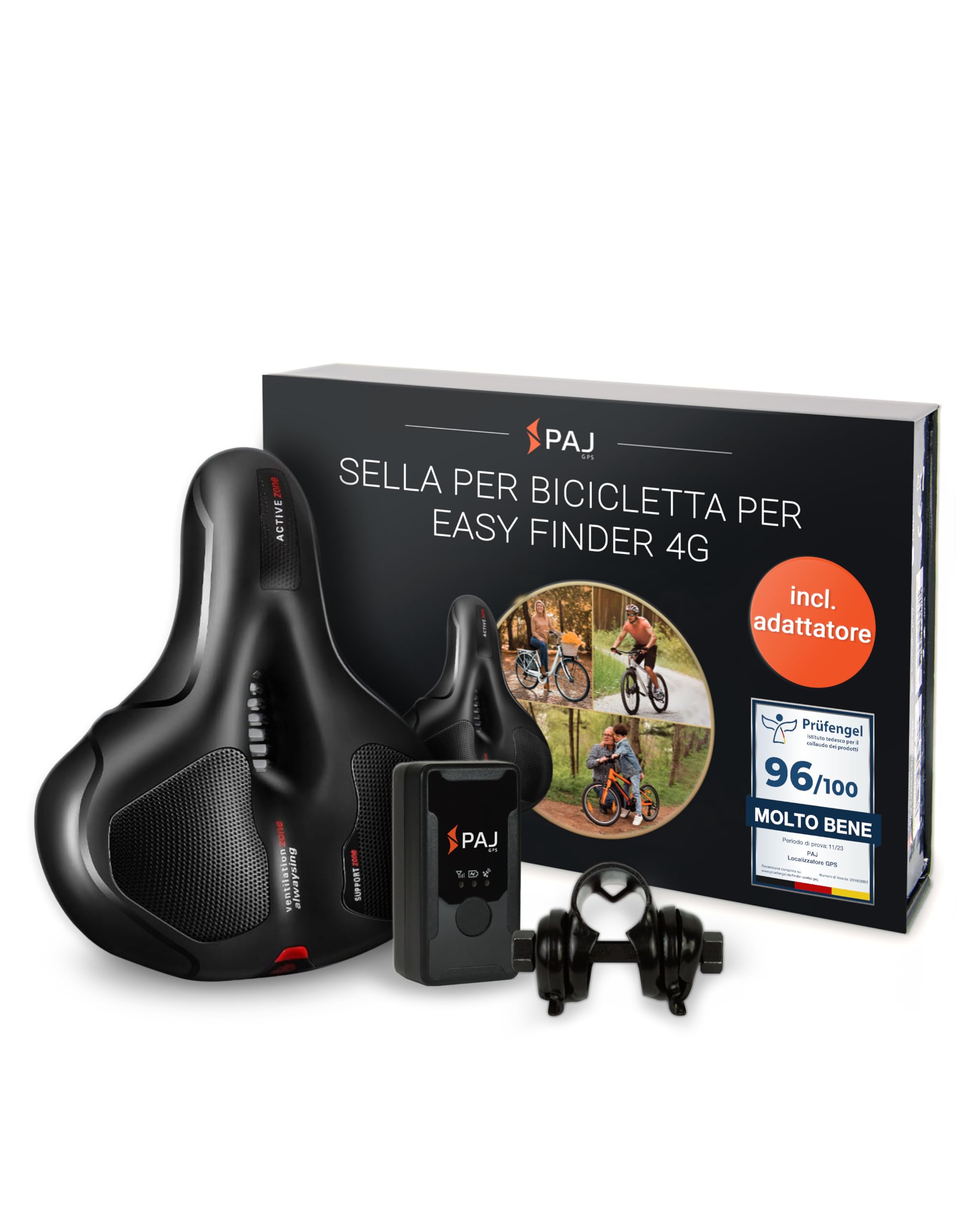 PAJ GPS EASY Finder 4G + Sella per Bicicletta con Supporto Incluso - con Tecnologia Cloud Comfort - Localizzatore GPS per Biciclette, e-bike, MTB e molto Altro Ancora - Localizzatore GPS Antifurto