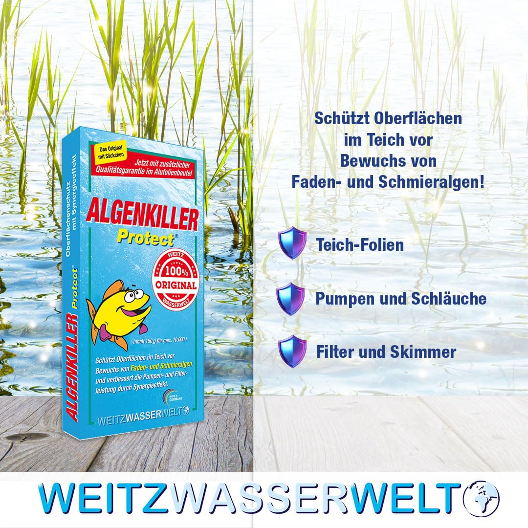 Der Algenenferner für den Teich. Algen und Grünbelag abbau mit Synergieeffekt verbessert die Pumpen- und Filterleistung. Optimaler Oberflächenschutz mit Langzeitwirkung.