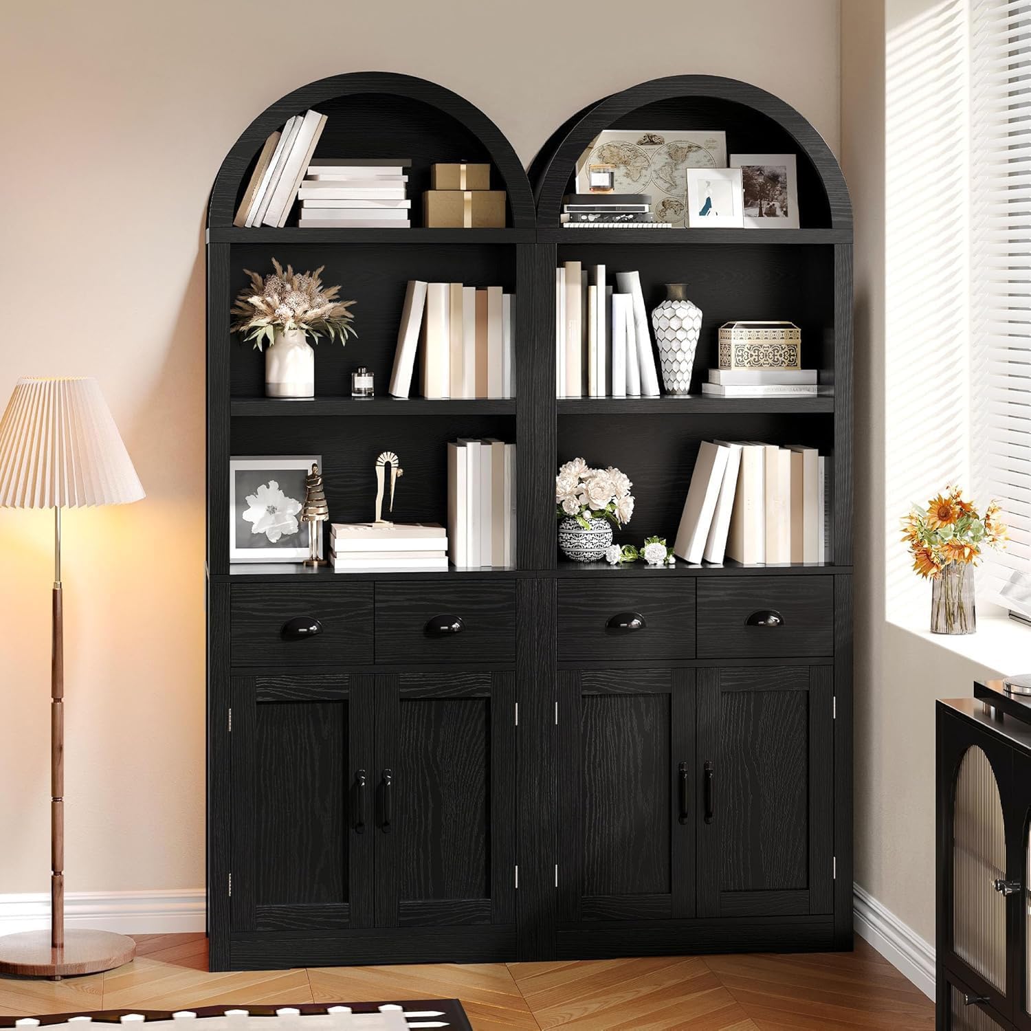 YITAHOME Tall Arched Black Bookshelf with Storage