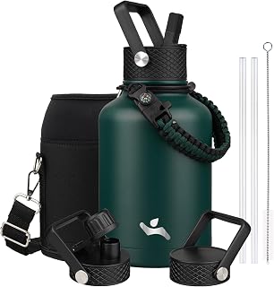 Konokyo 50 oz Insulated Stainless Steel Water Bottle Jug with Handle | BPA-free, leak-proof water jug with 3 lids, pouch and paracord handle for gym, work, camping & outdoor hydration, Dark Green