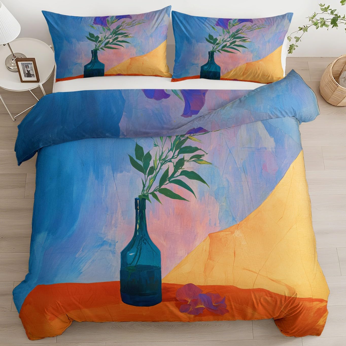 Housse de couette fleurs violettes bleu clair 140x200 idéale pour décorer une chambre d'enfant