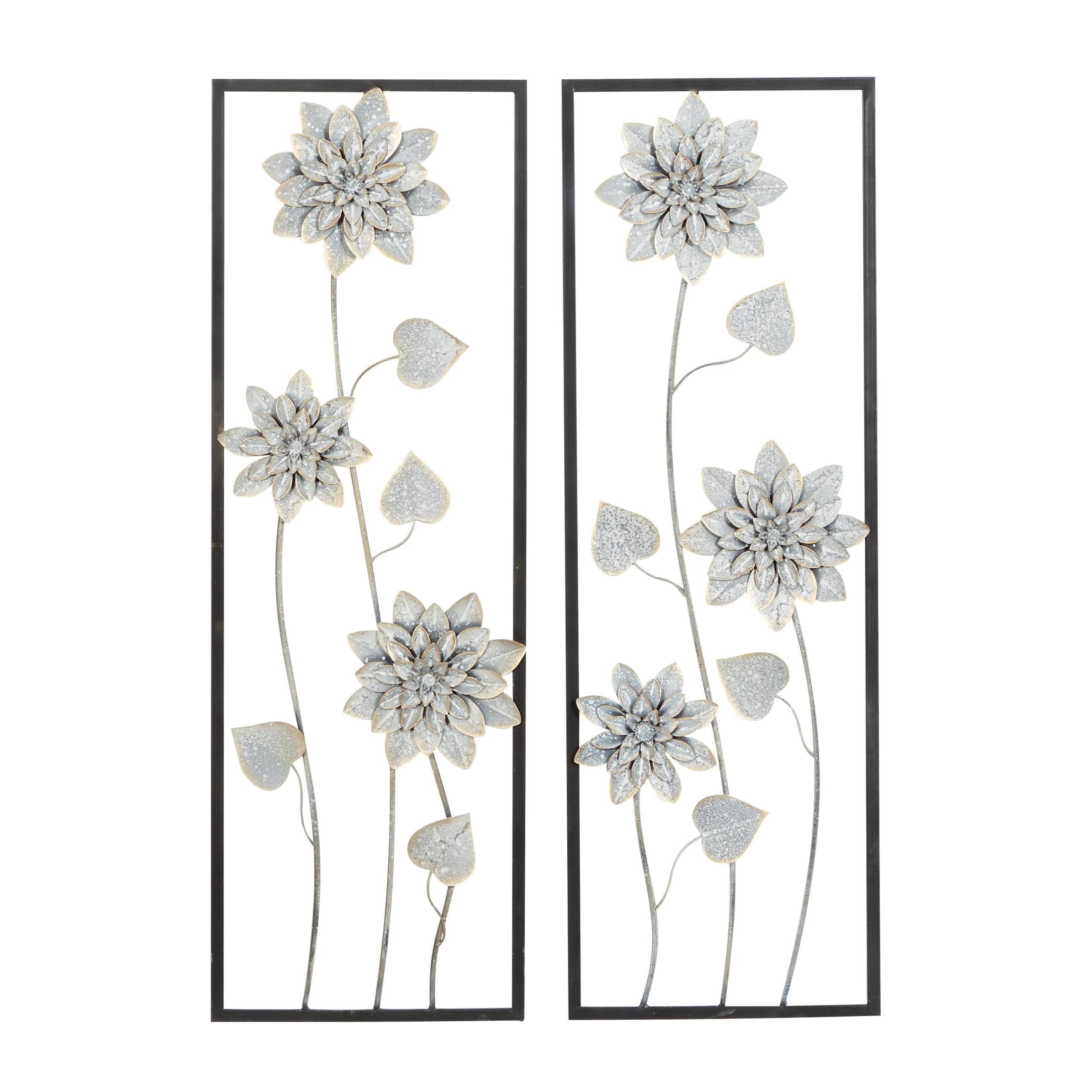 Deco 79 Metal Floral Home Wall Decor Wall Sculpture with Black Frame, Set of 2 Wall Art 12"W, 36"H, Gray