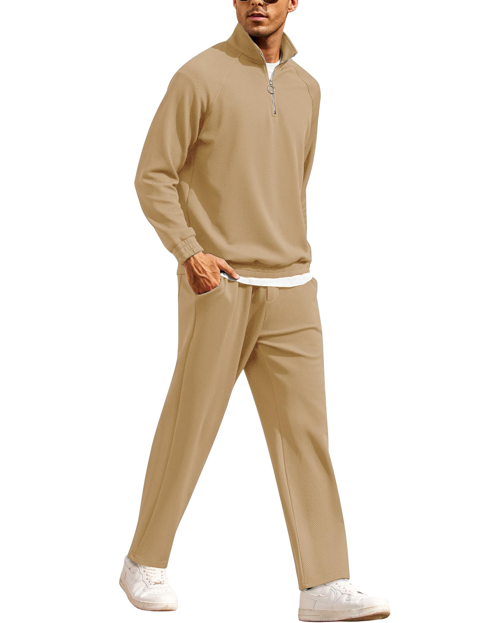 COOFANDY Tuta da uomo in 2 pezzi, vestibilità comoda, mezza zip, per atletica, corsa, jogging, set | Tuta sportiva sportiva, tessuto jacquard traspirante, per corsa, allenamento, tempo libero, viaggi, aeroporto